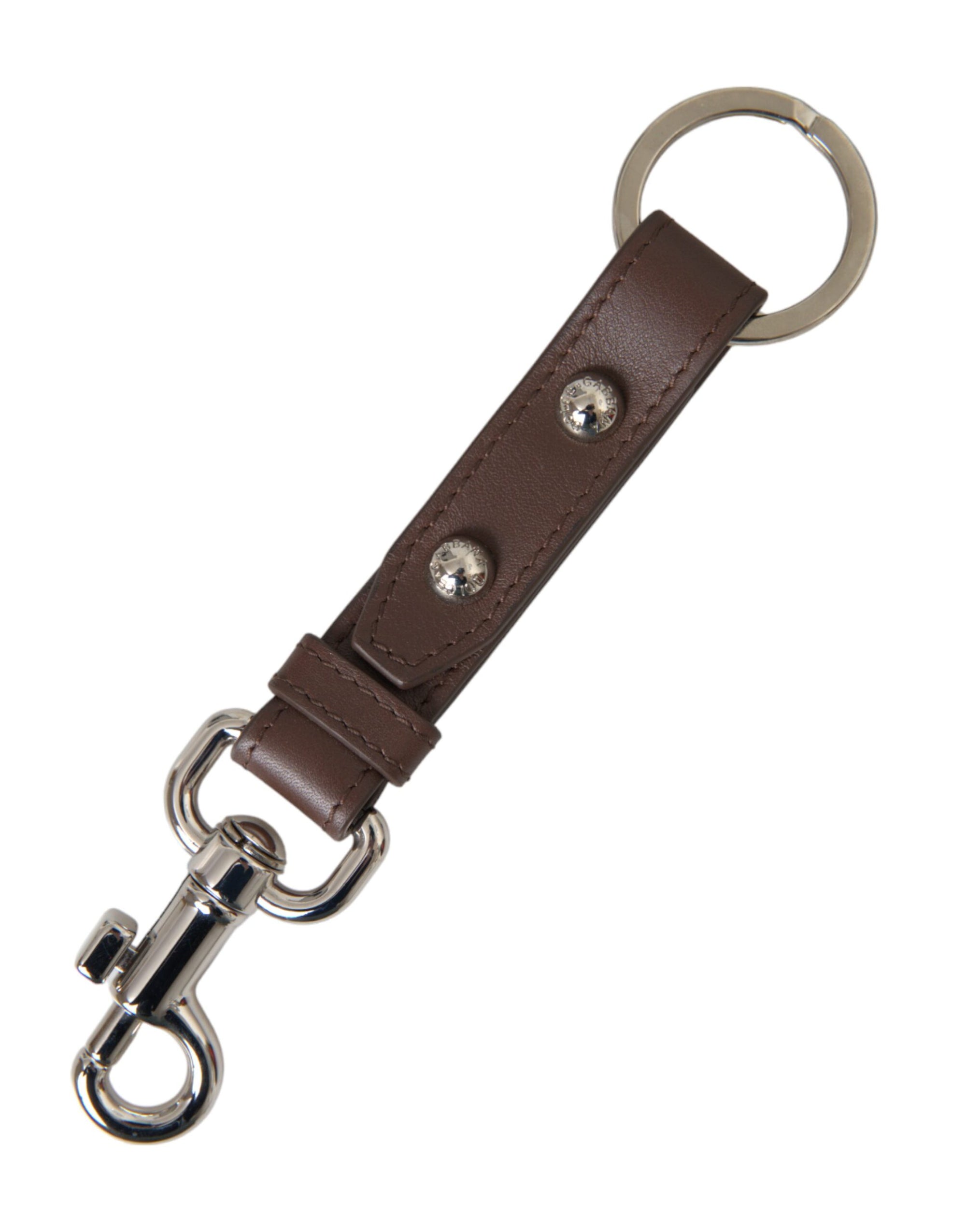 Dolce & Gabbana Brown Plain Leather Silver Brass Keyring Holder Keychain - Maison Luxe