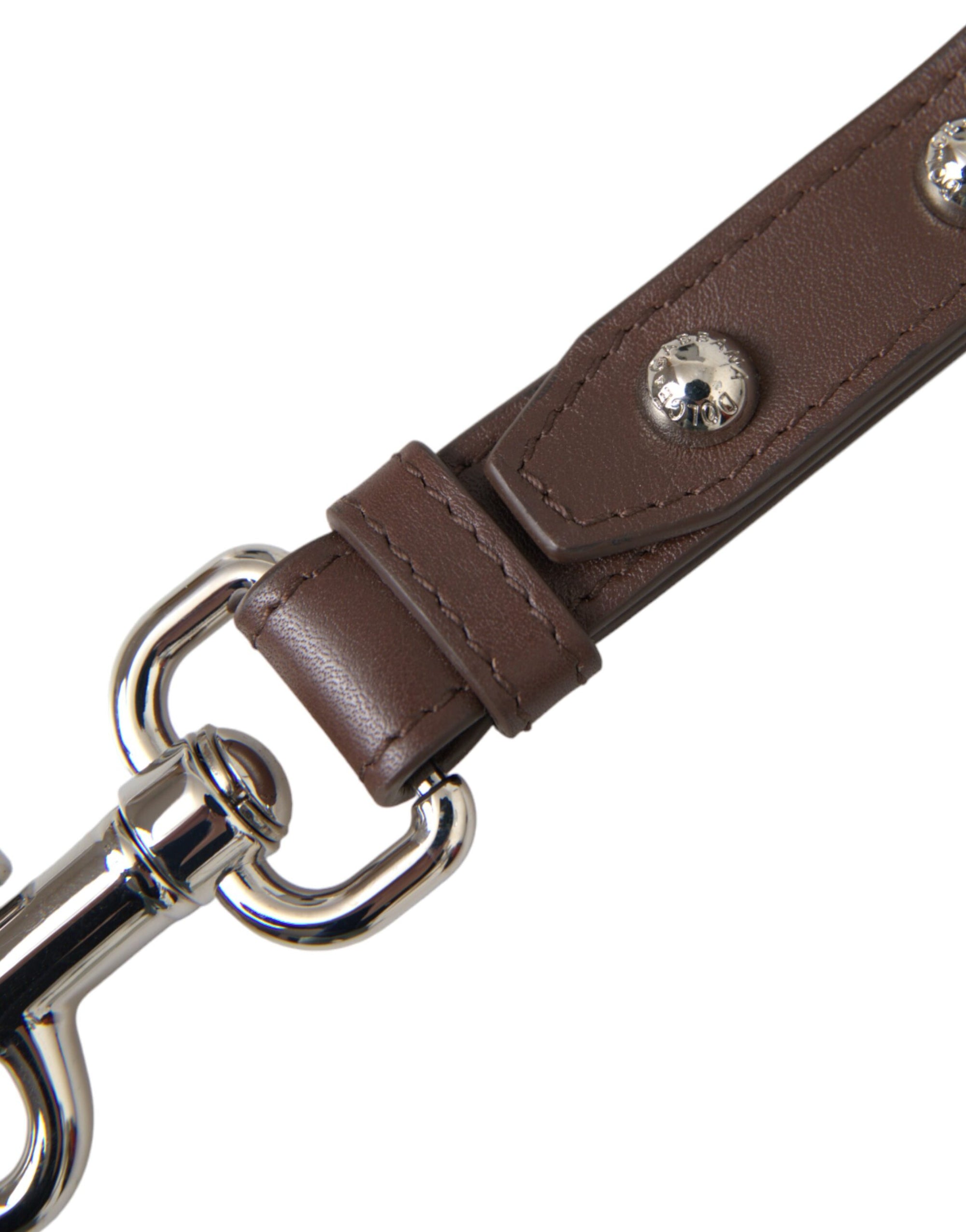 Dolce & Gabbana Brown Plain Leather Silver Brass Keyring Holder Keychain - Maison Luxe