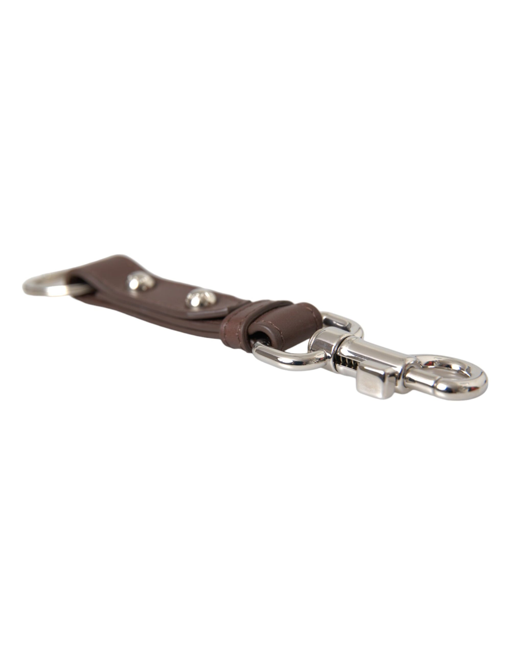 Dolce & Gabbana Brown Plain Leather Silver Brass Keyring Holder Keychain - Maison Luxe