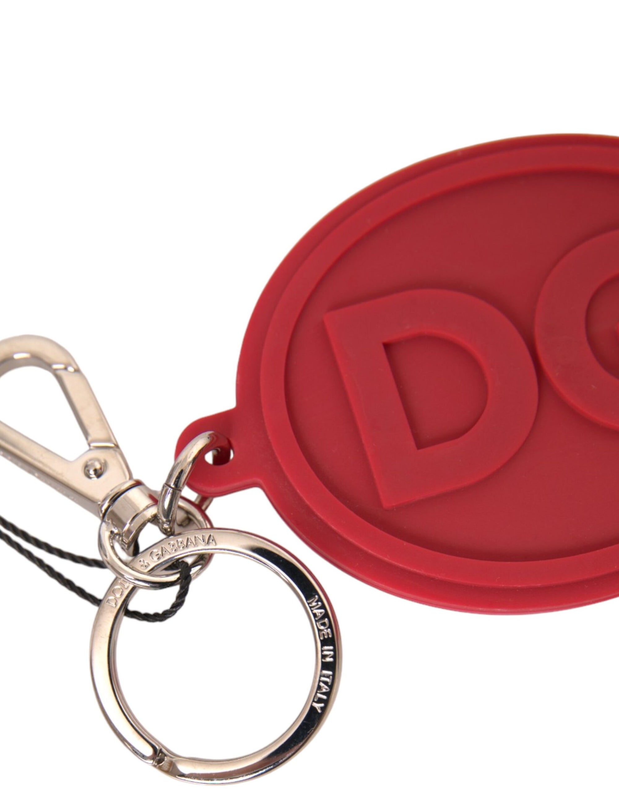 Dolce & Gabbana Red Rubber DG Logo Silver Brass Metal Keyring Keychain - Maison Luxe