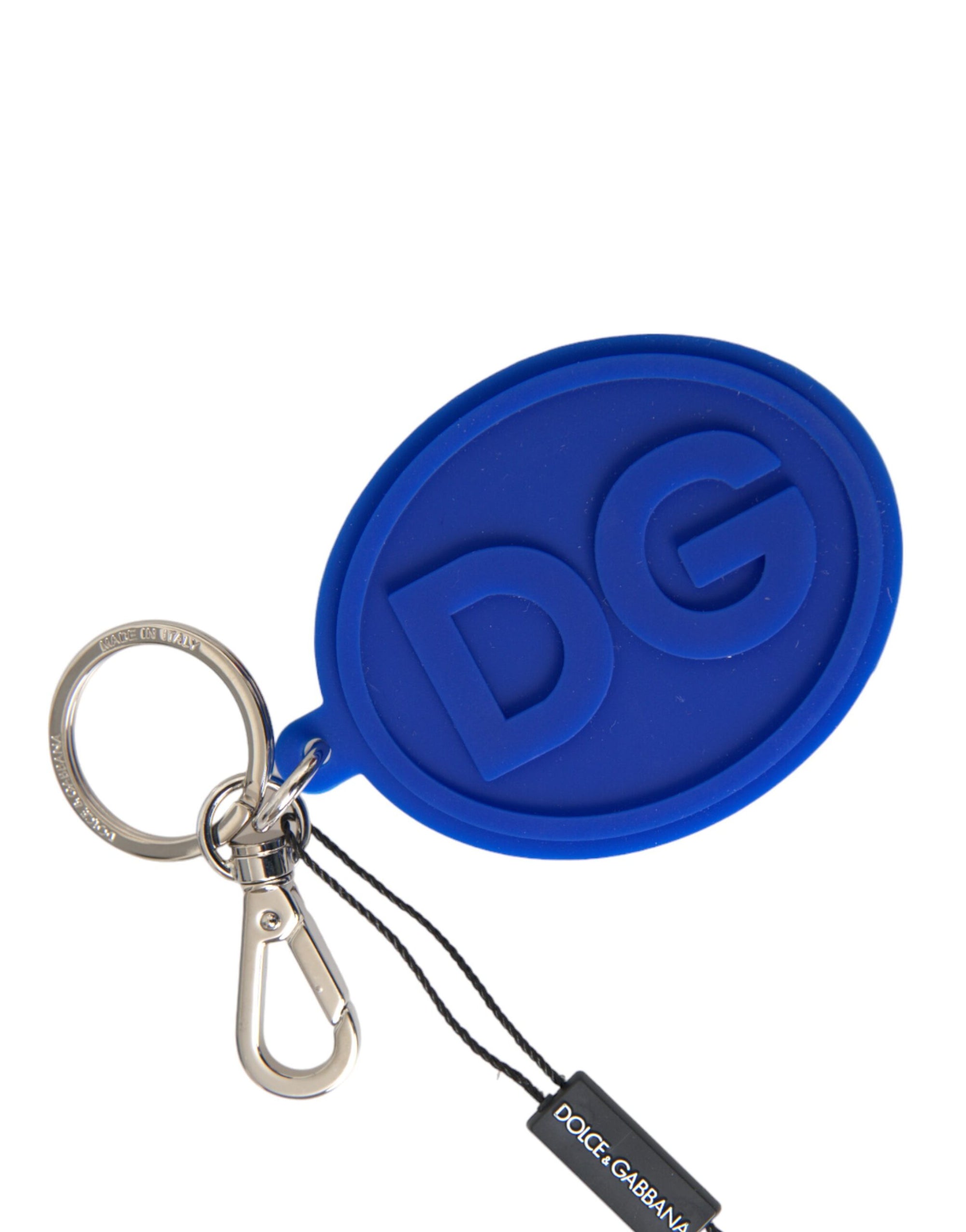 Dolce & Gabbana Blue Rubber DG Logo Silver Brass Metal Keyring Keychain - Maison Luxe