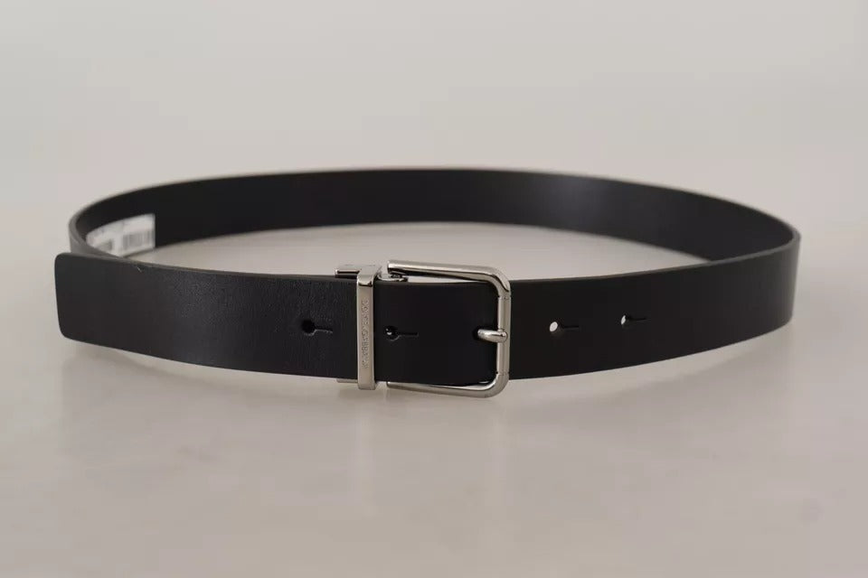 Dolce & Gabbana Black Calf Leather Logo Engraved Metal Buckle Belt - Maison Luxe