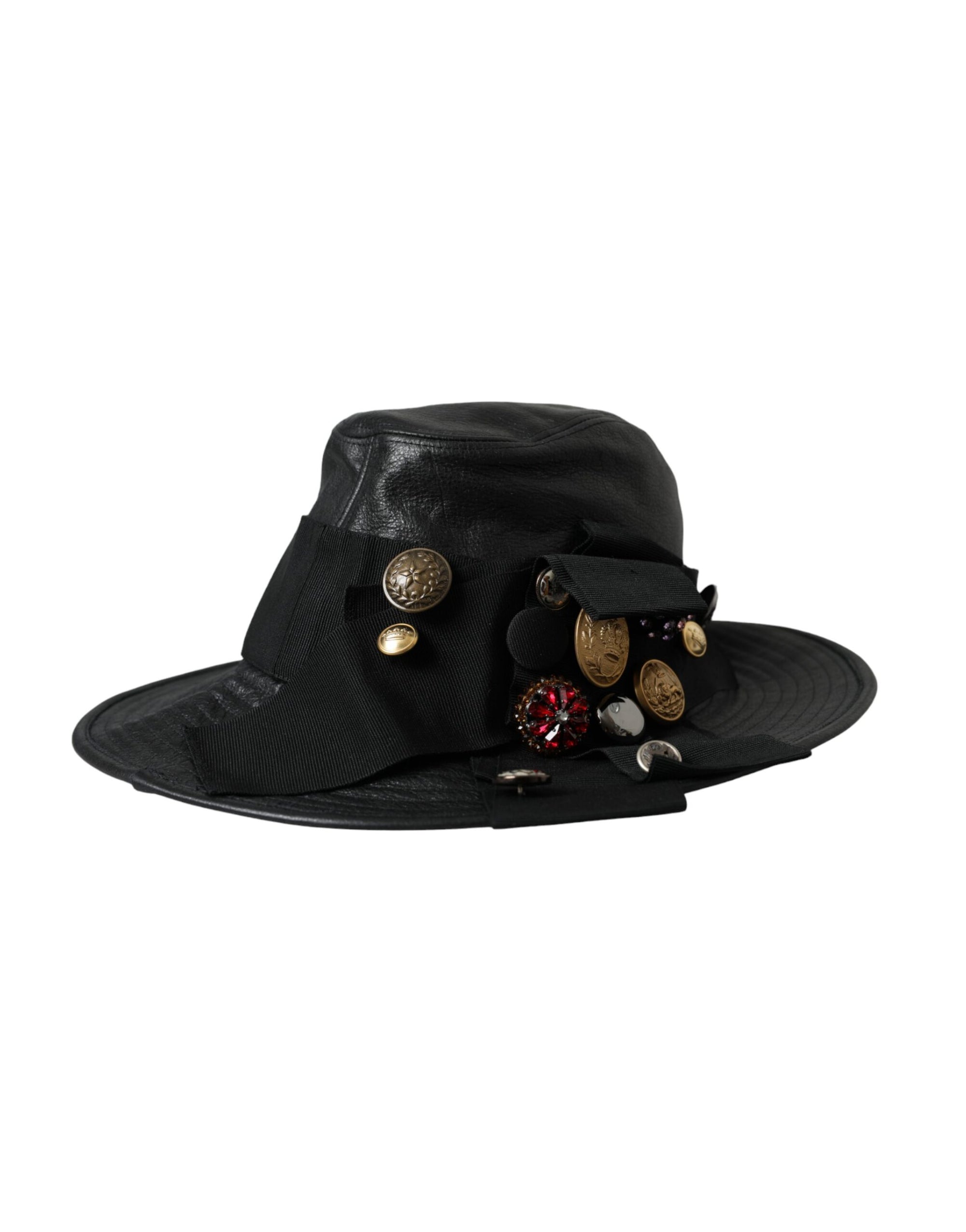 Dolce & Gabbana Black Leather DG Coin Crystal Wide Brim Hat - Maison Luxe