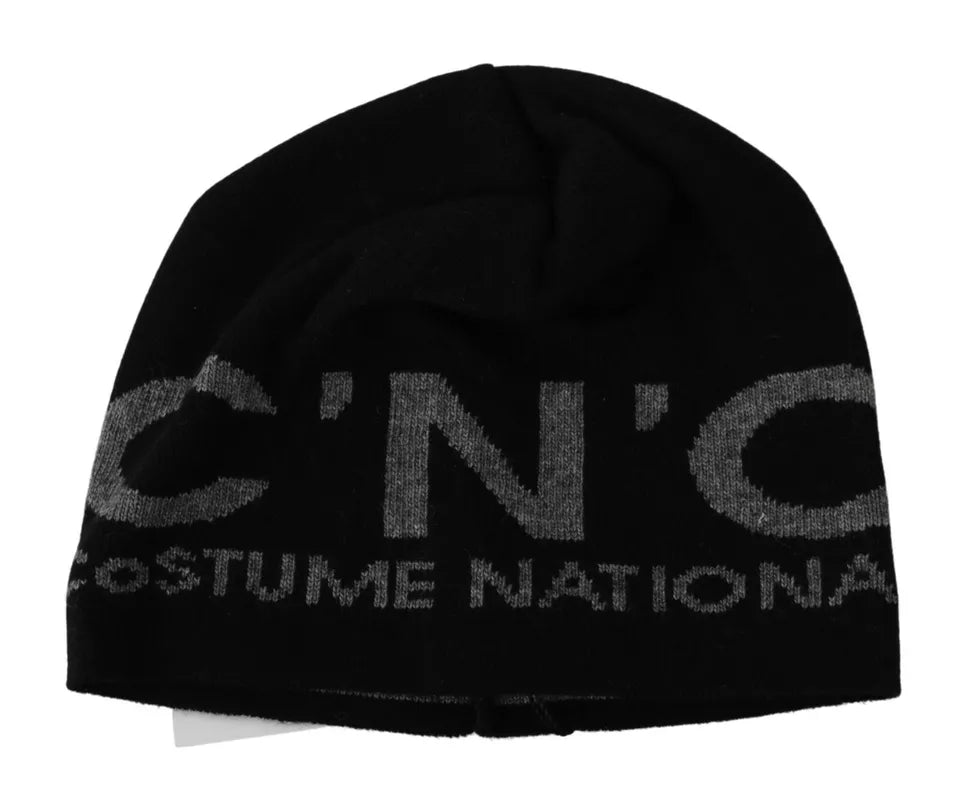 Costume National Black Wool Blend Branded Beanie Hat - Maison Luxe