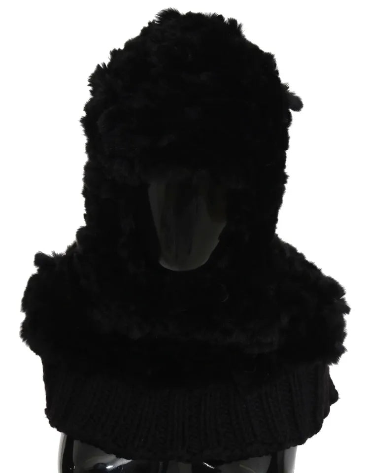 Dolce & Gabbana Black Silver Fox Fur Cashmere Hooded Scarf - Maison Luxe