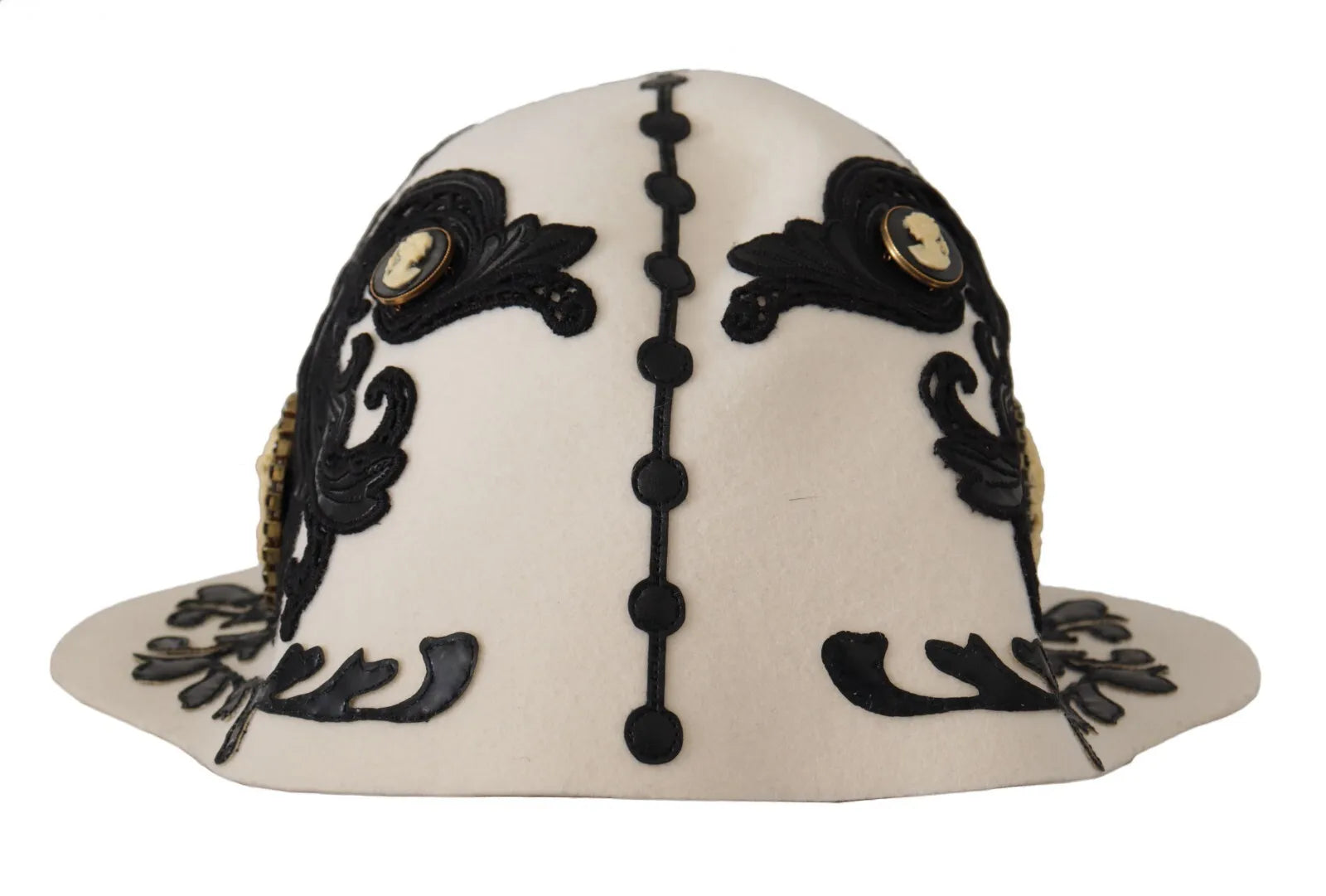 Dolce & Gabbana White Black Wool Embroidered Cameo Brooch Hat - Maison Luxe