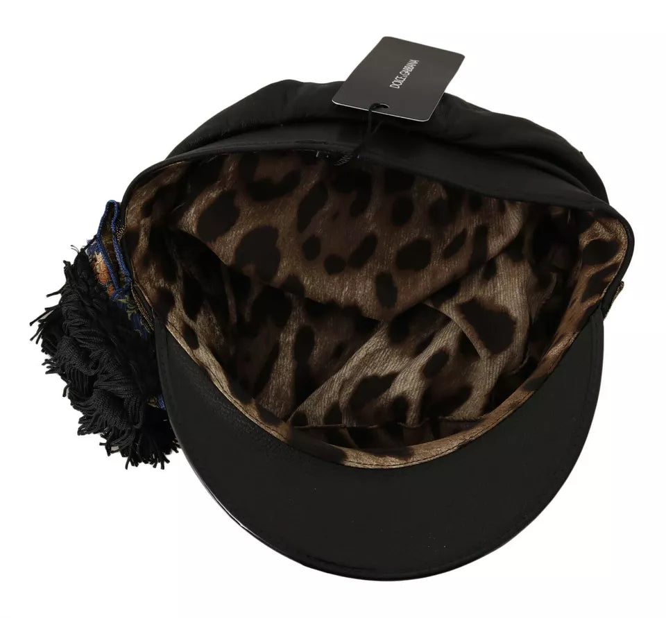 Dolce & Gabbana Black Leather Crystal Beads Gold Ribbon Fiddler Cap - Maison Luxe