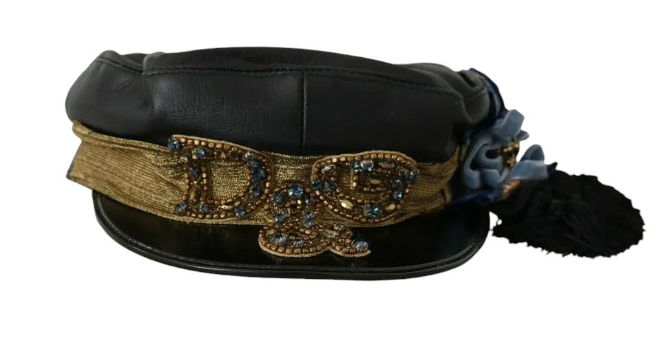 Dolce & Gabbana Black Leather Crystal Beads Gold Ribbon Fiddler Cap - Maison Luxe