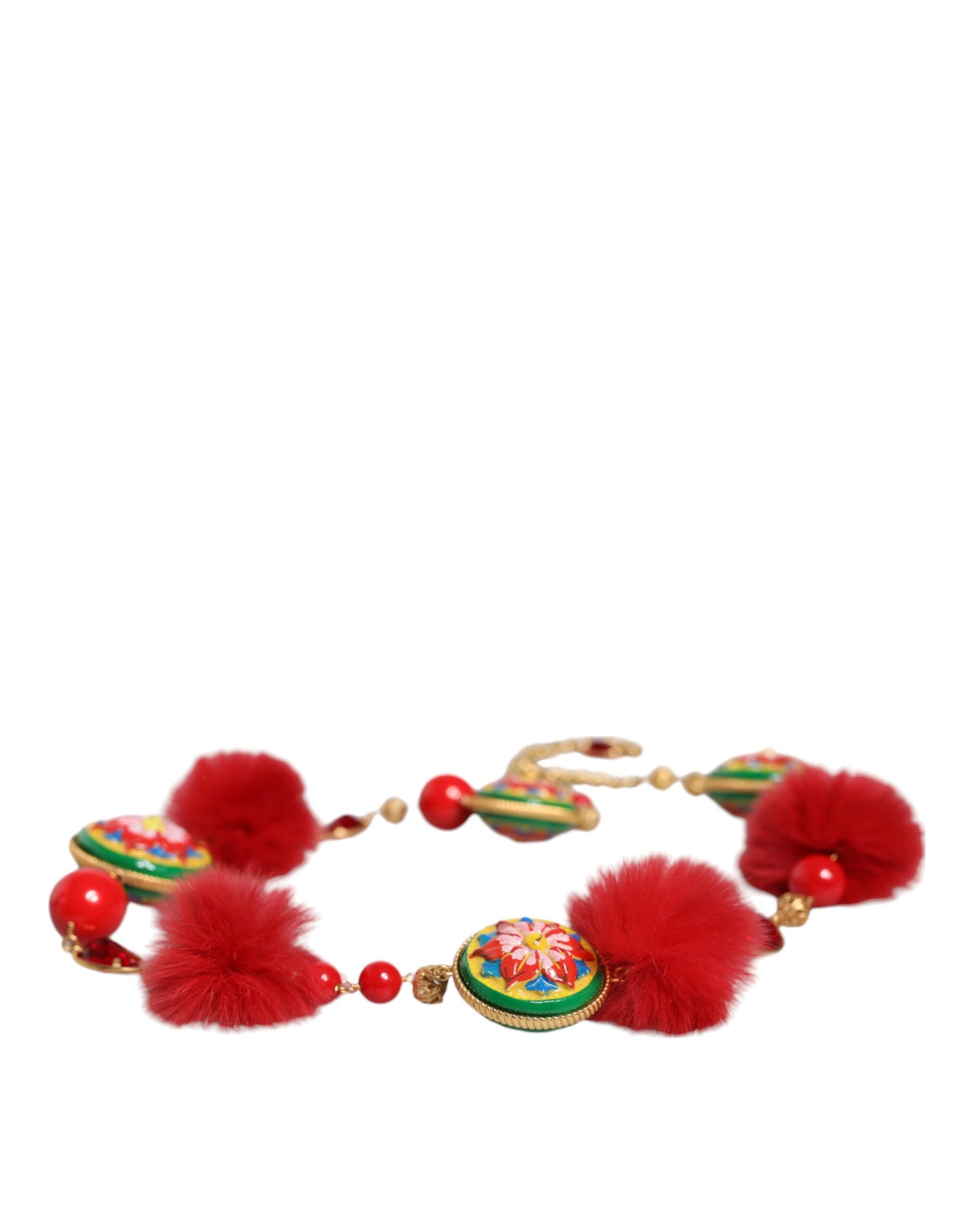 Dolce & Gabbana Gold Brass Red Fur Crystal Waist Torero Belt - Maison Luxe