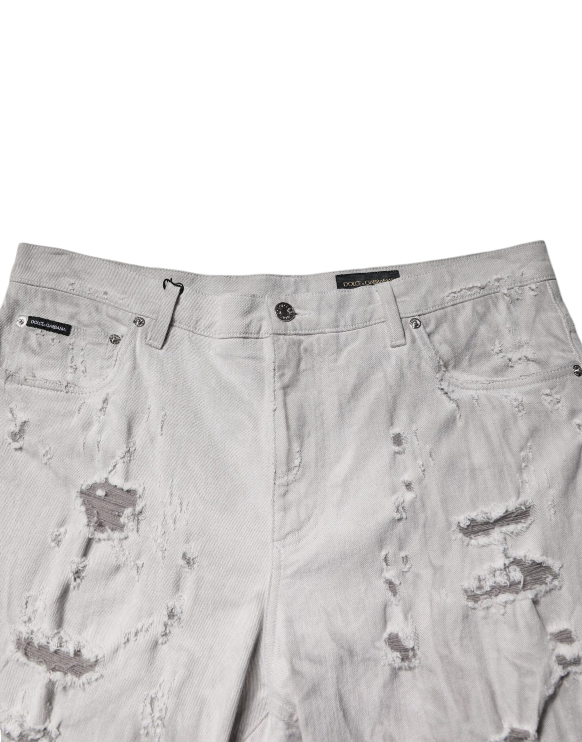 Dolce & Gabbana Light Gray Tattered Men Denim Bermuda Shorts