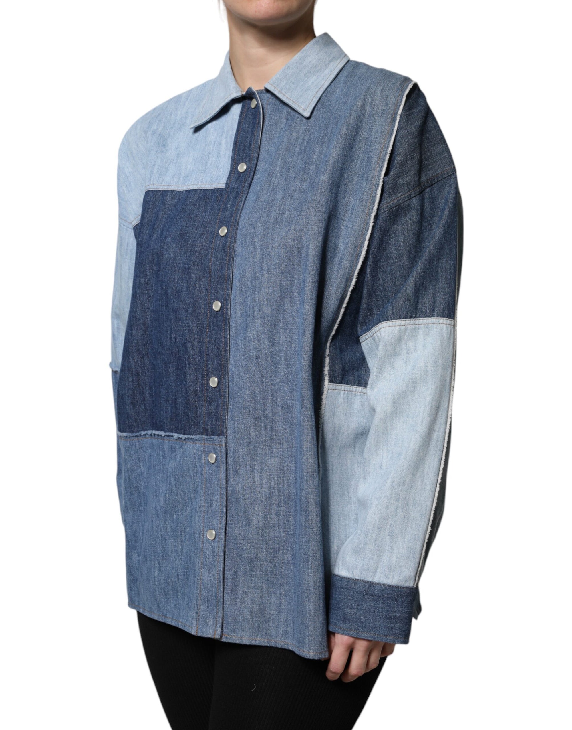 Dolce & Gabbana Blue Cotton Button Up Collared Long Sleeve Top