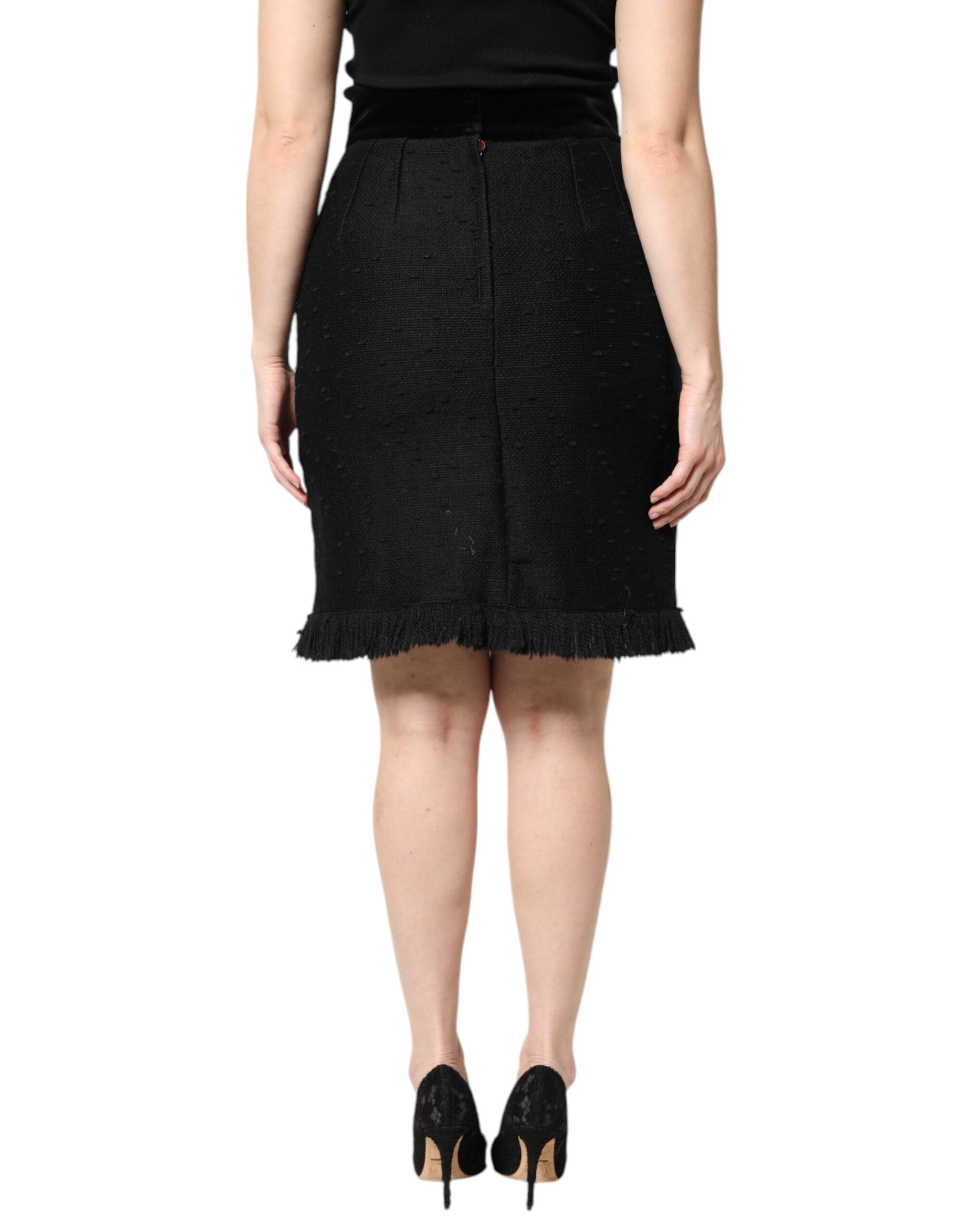 Dolce & Gabbana Black Wool Fringe High Waist Pencil Mini Skirt
