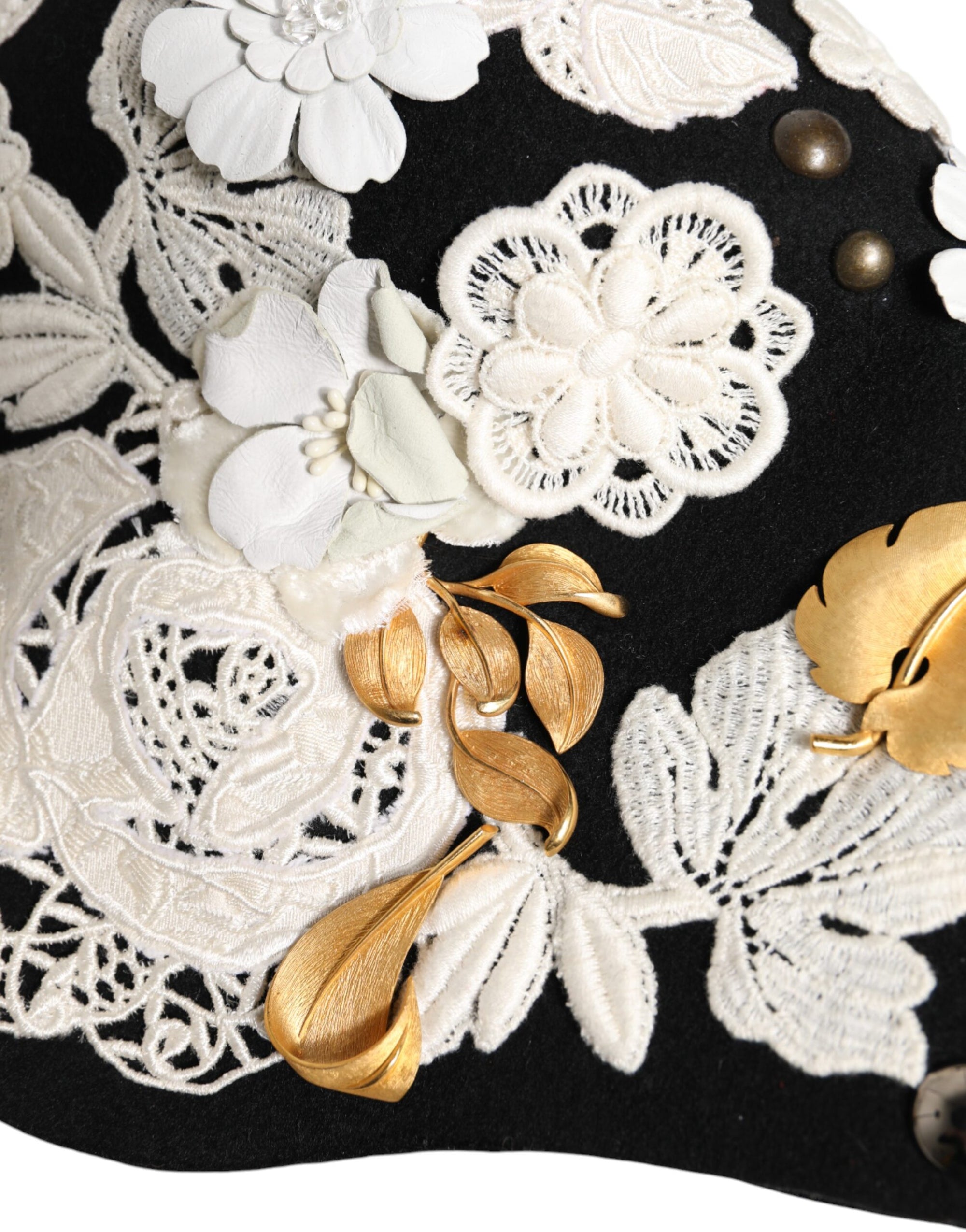 Dolce & Gabbana Black Wool White Floral Gold Leaf Cloche Hat