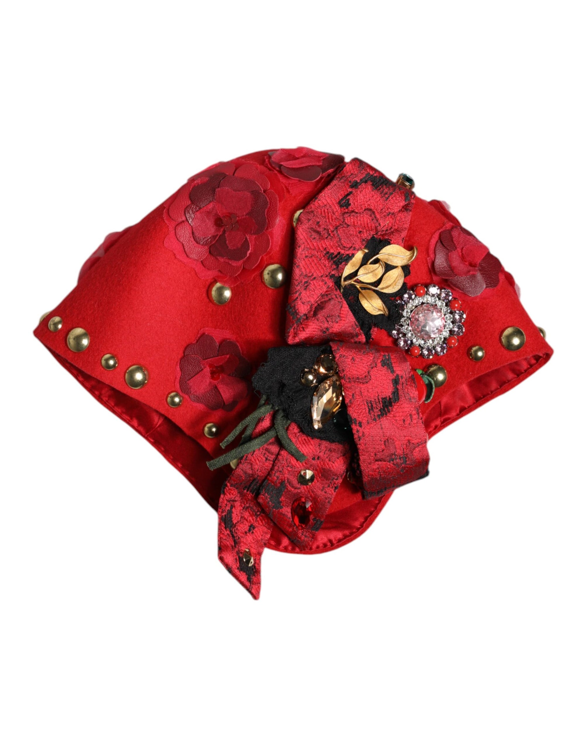 Dolce & Gabbana Red Crystal Gold Roses Brooch Embellished Hat