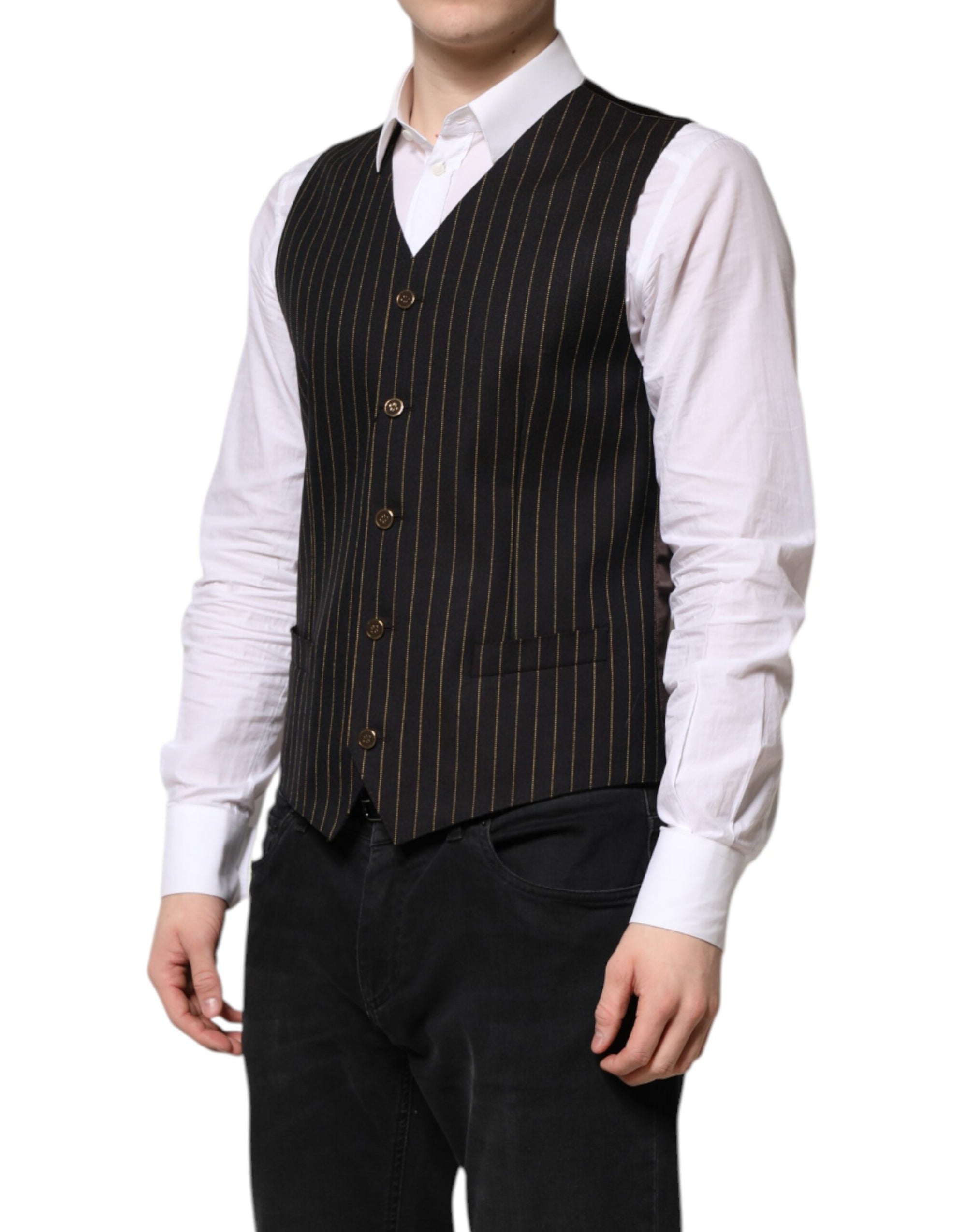 Dolce & Gabbana Black Stripes Wool Formal Men Waistcoat Vest