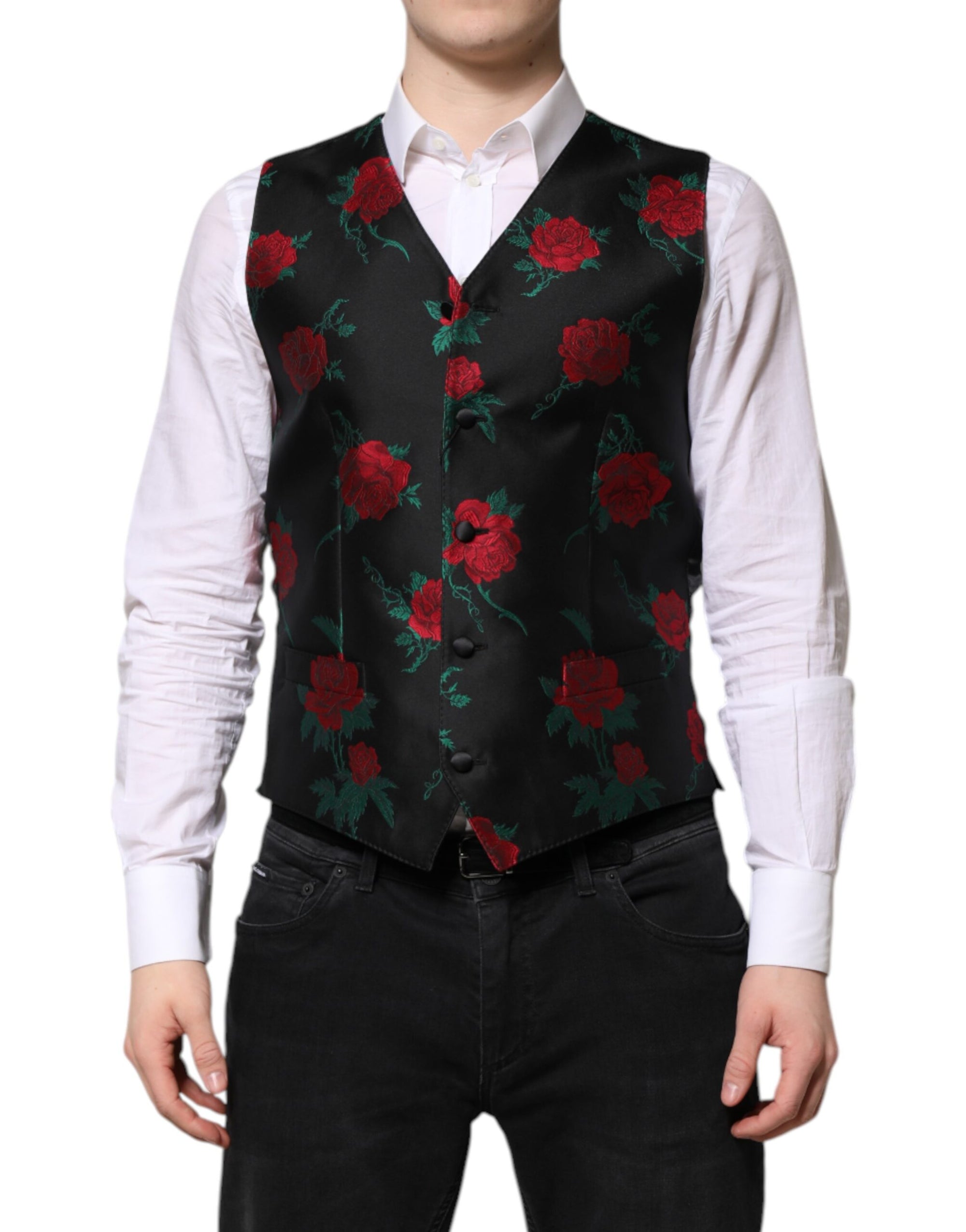 Dolce & Gabbana Red Floral Brocade Formal Men Waistcoat Vest