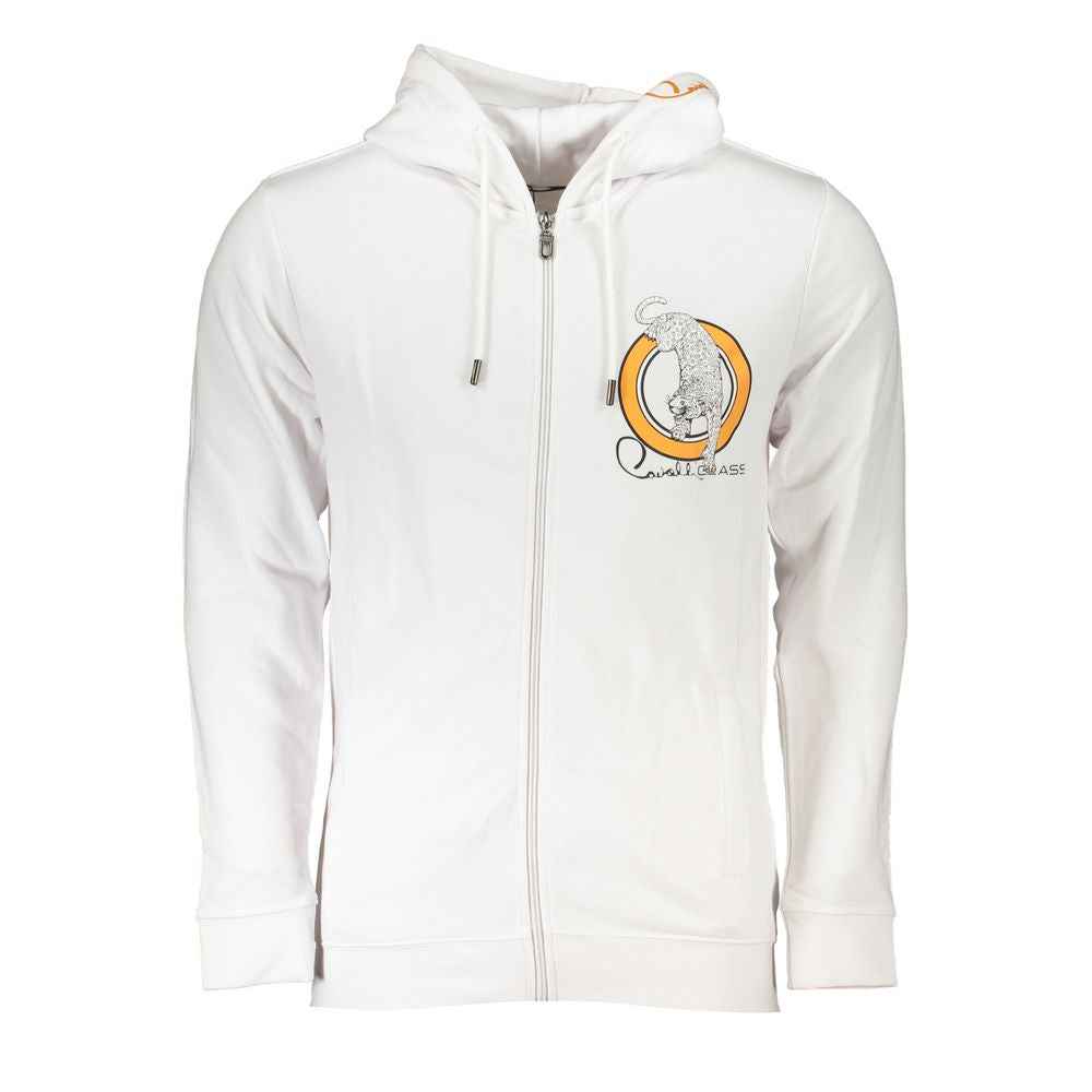 Cavalli Class White Cotton Men Sweatshirt with Hood