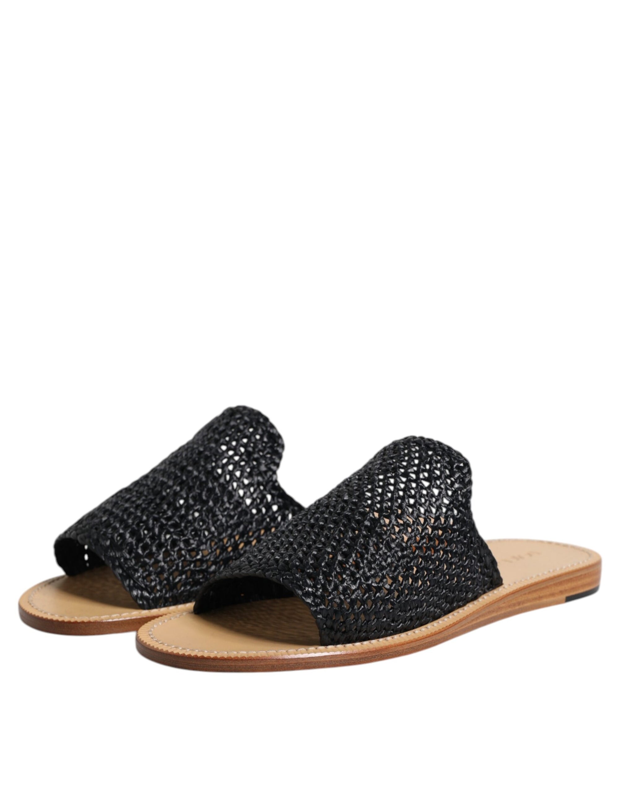 Dolce & Gabbana Black Monochrome Braided Raffia Slides Shoes