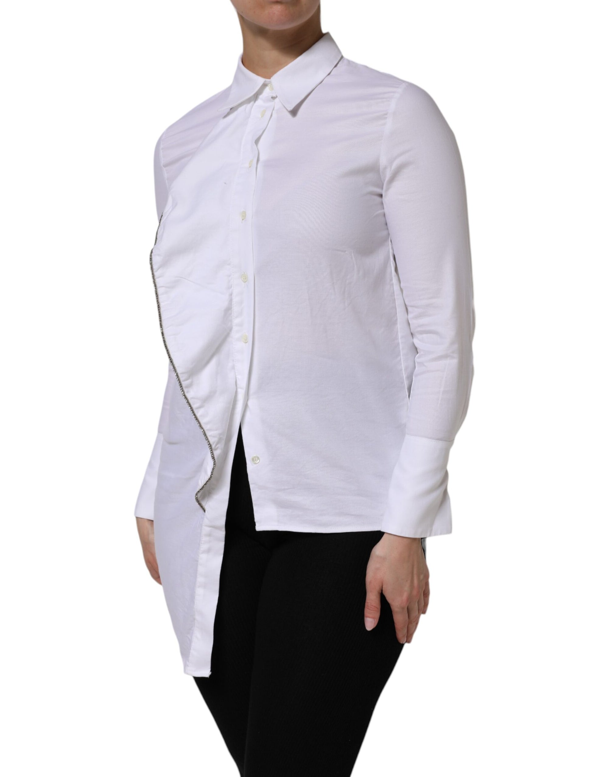AGLINI White Cotton Collared Long Sleeves Ruffle Top Shirt