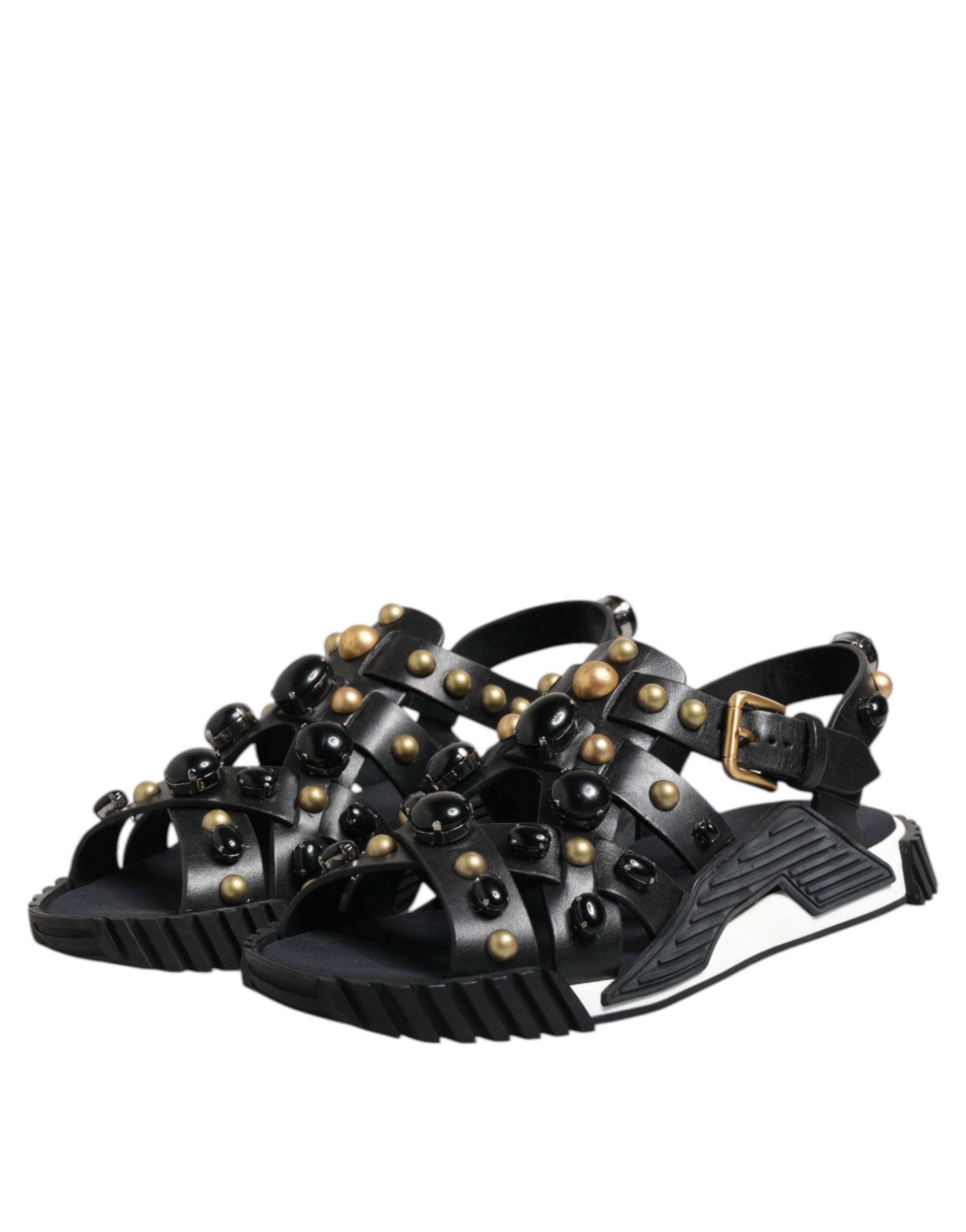 Dolce & Gabbana Black Leather Studded Ankle Strap Sandals Shoes