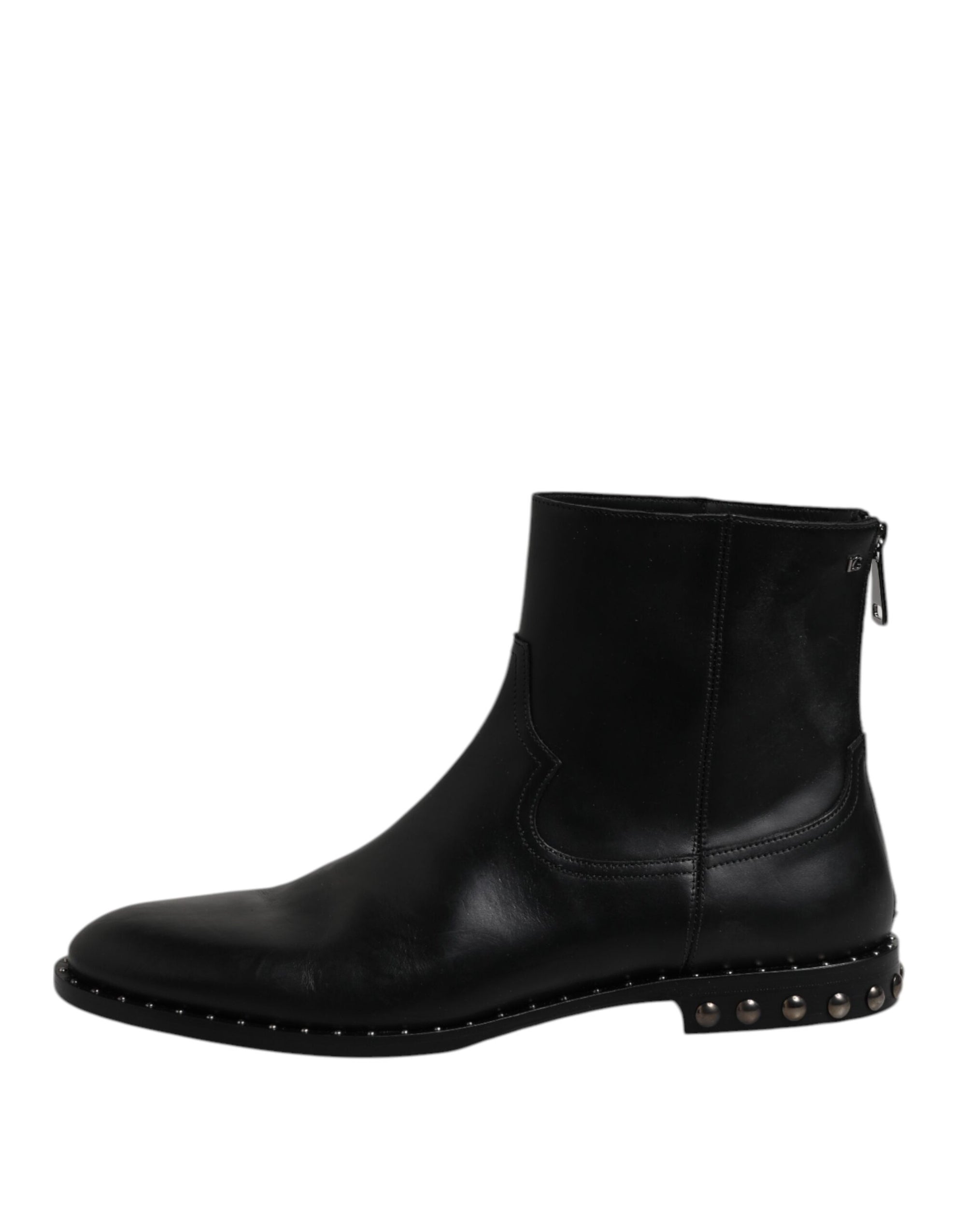 Dolce & Gabbana Black Leather Logo Ankle Boots Studded Shoes