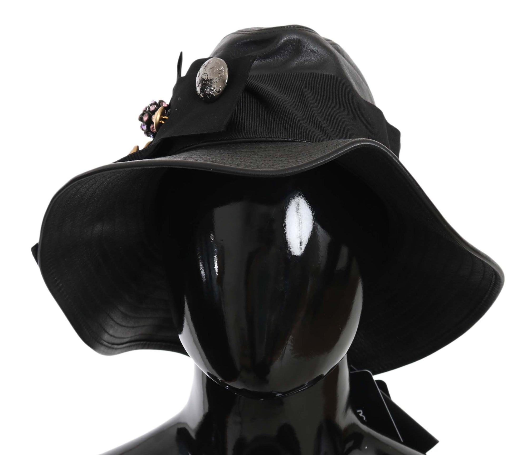 Dolce & Gabbana Black Leather DG Coin Crystal Wide Brim Hat - Maison Luxe