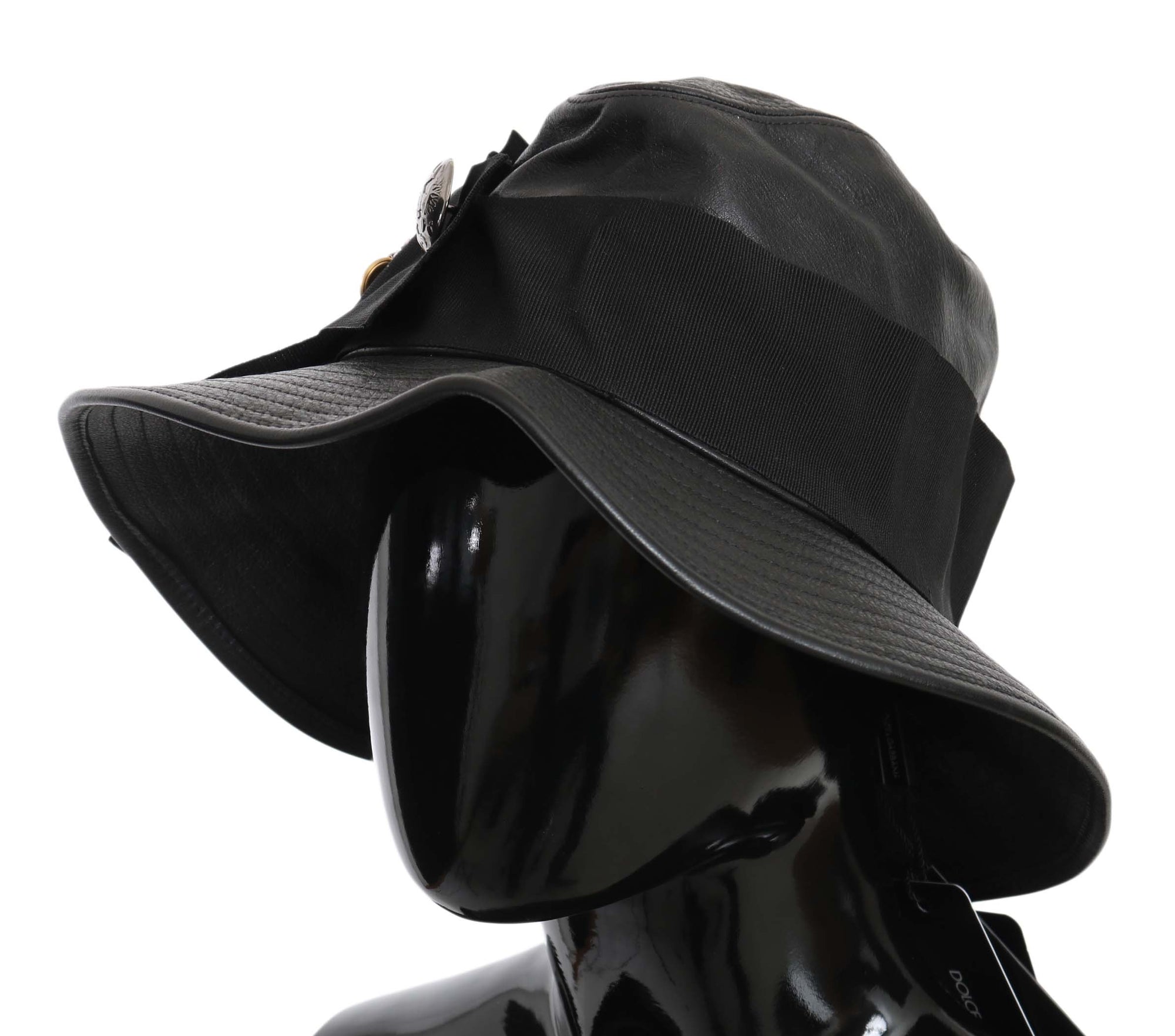 Dolce & Gabbana Black Leather DG Coin Crystal Wide Brim Hat - Maison Luxe