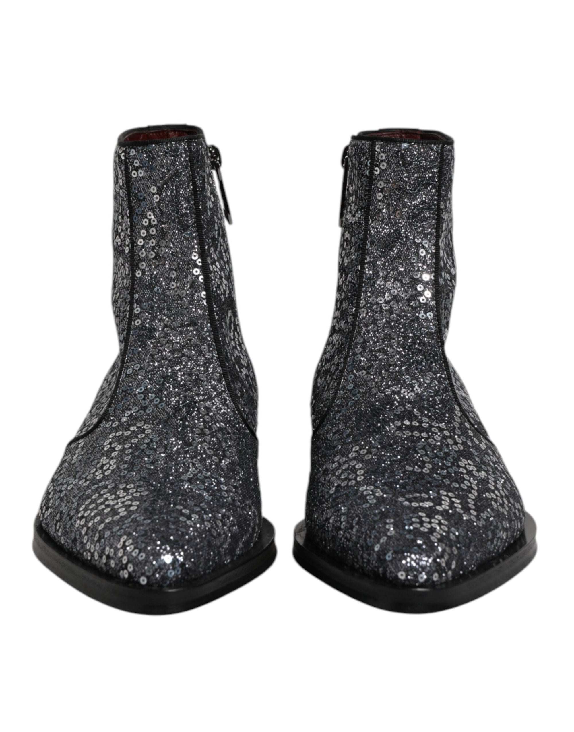 Dolce & Gabbana Dark Gray Cotton Sequined Chelsea Boots Shoes
