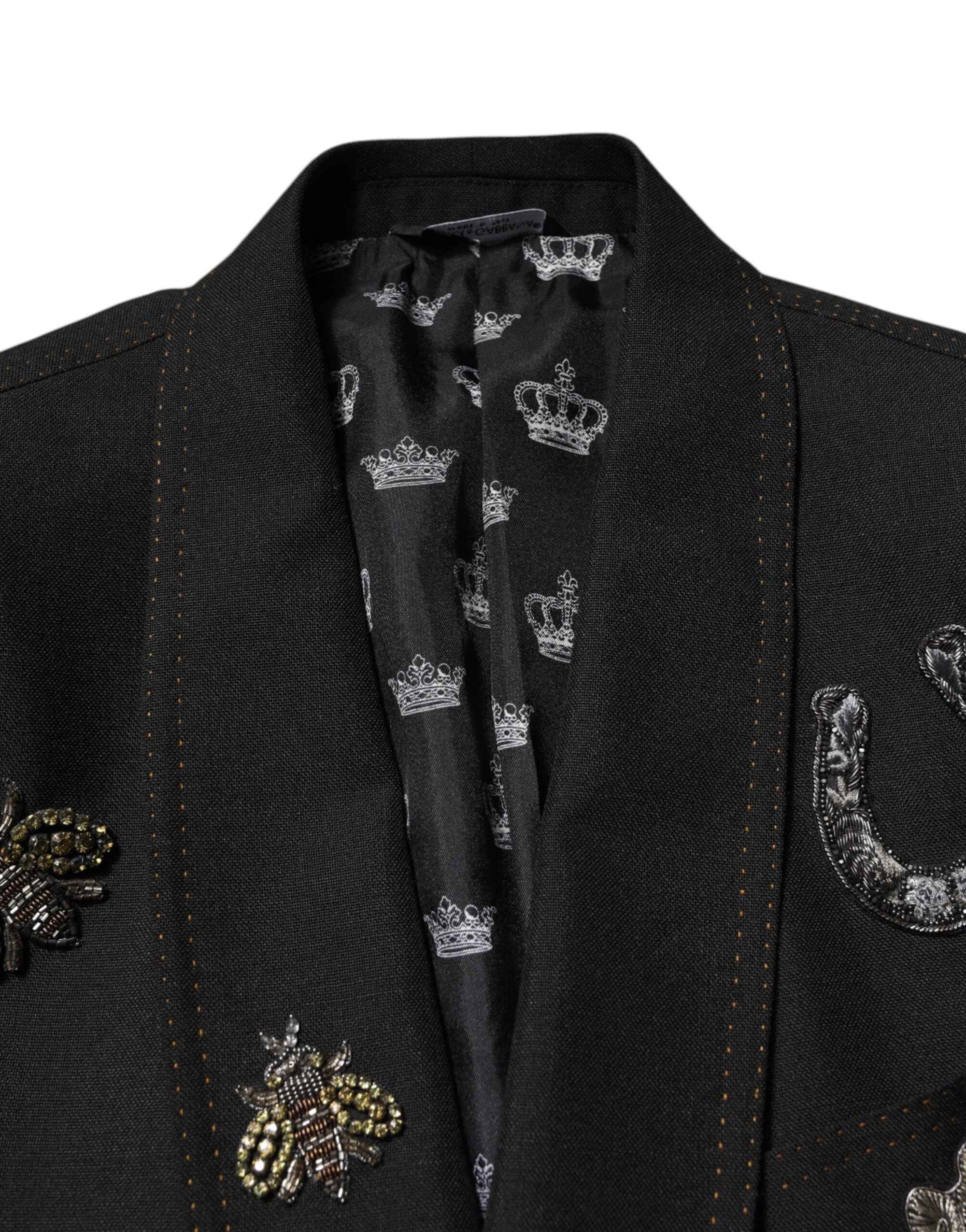 Dolce & Gabbana Black Bee Crown Embellished Suit Coat Blazer