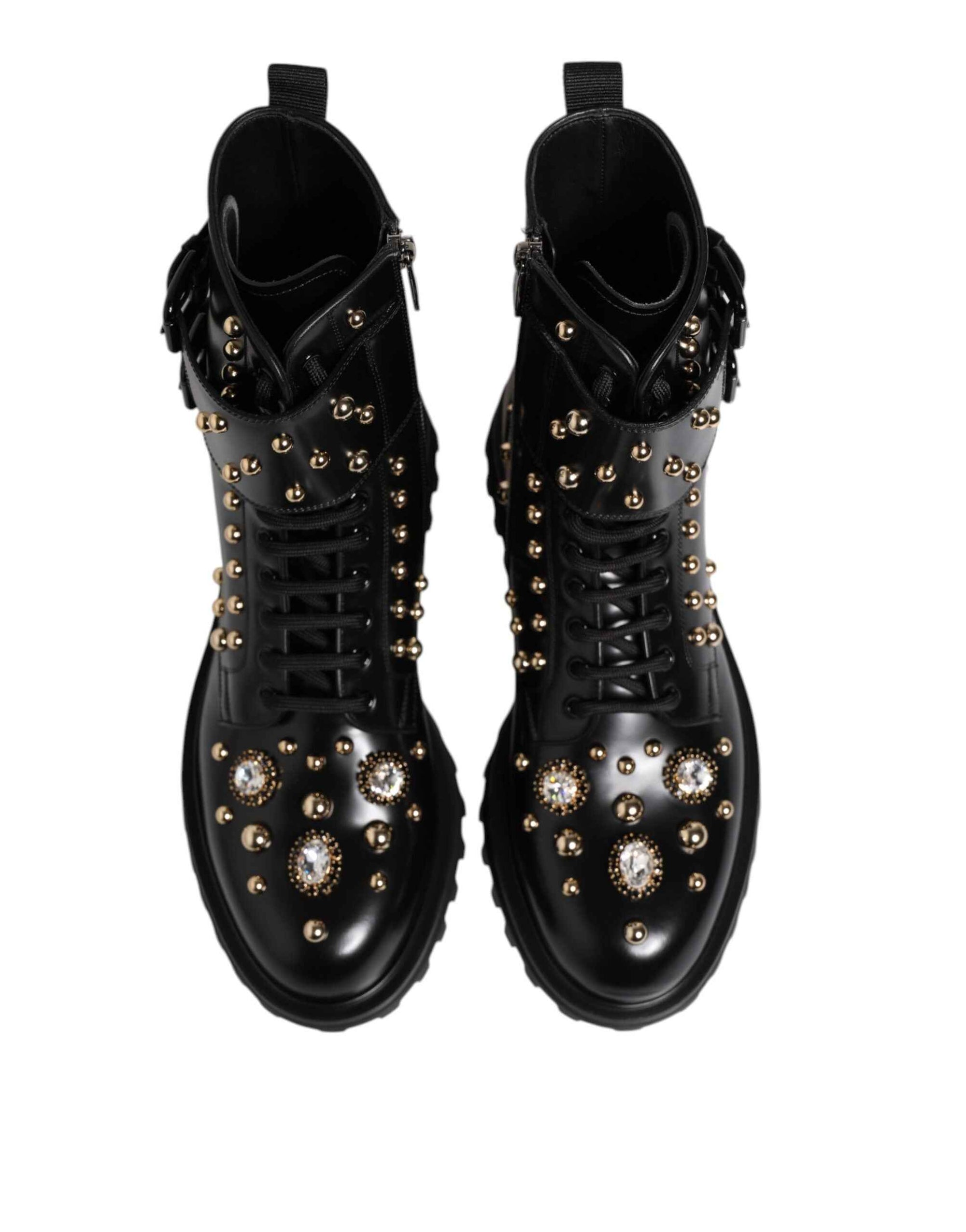 Dolce & Gabbana Black Studded Lace Up Mid Calf Boots Shoes