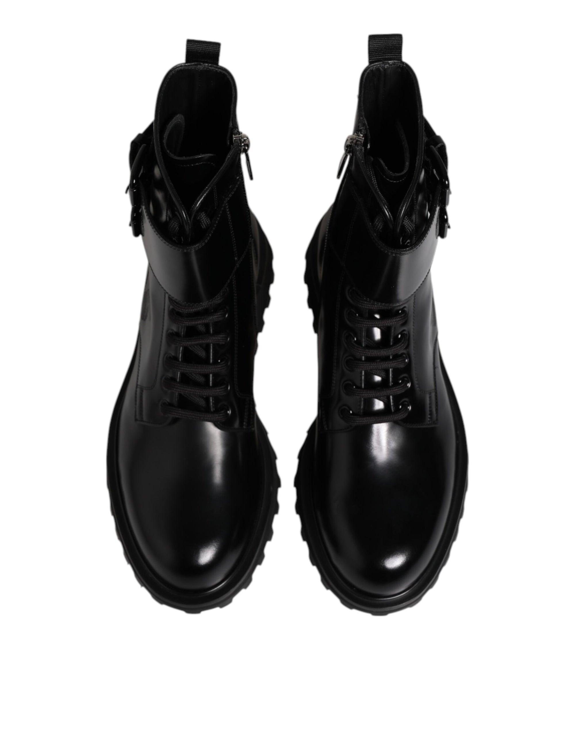 Dolce & Gabbana Black Leather Lace Up Mid Calf Boots Shoes