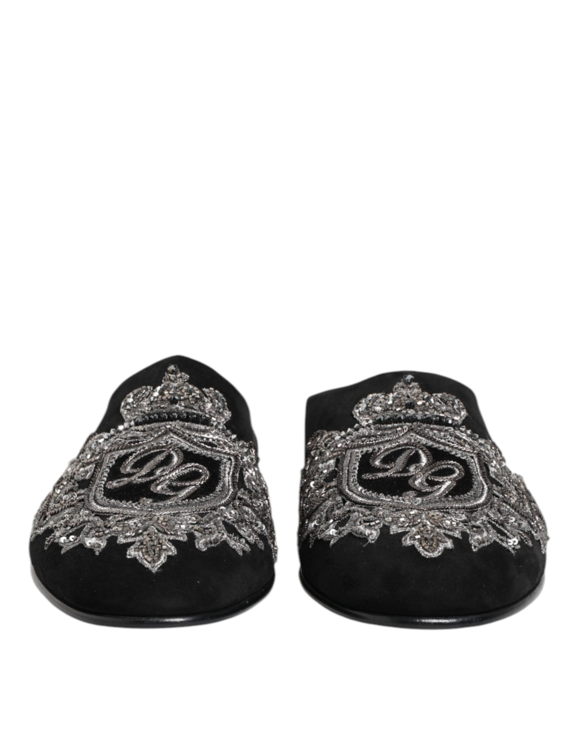 Dolce & Gabbana Black Velvet Slides DG Crown Slipper Shoes
