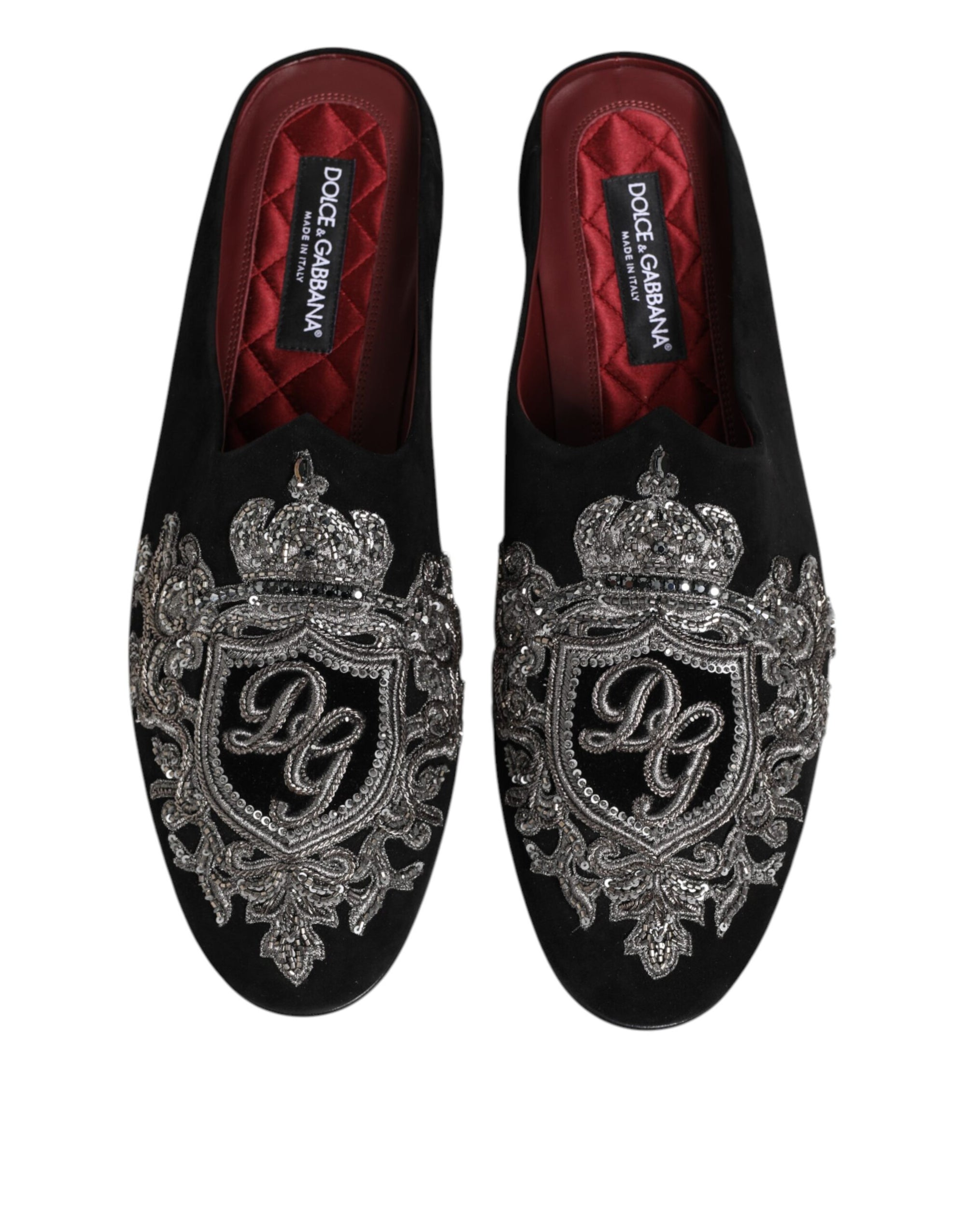Dolce & Gabbana Black Velvet Slides DG Crown Slipper Shoes