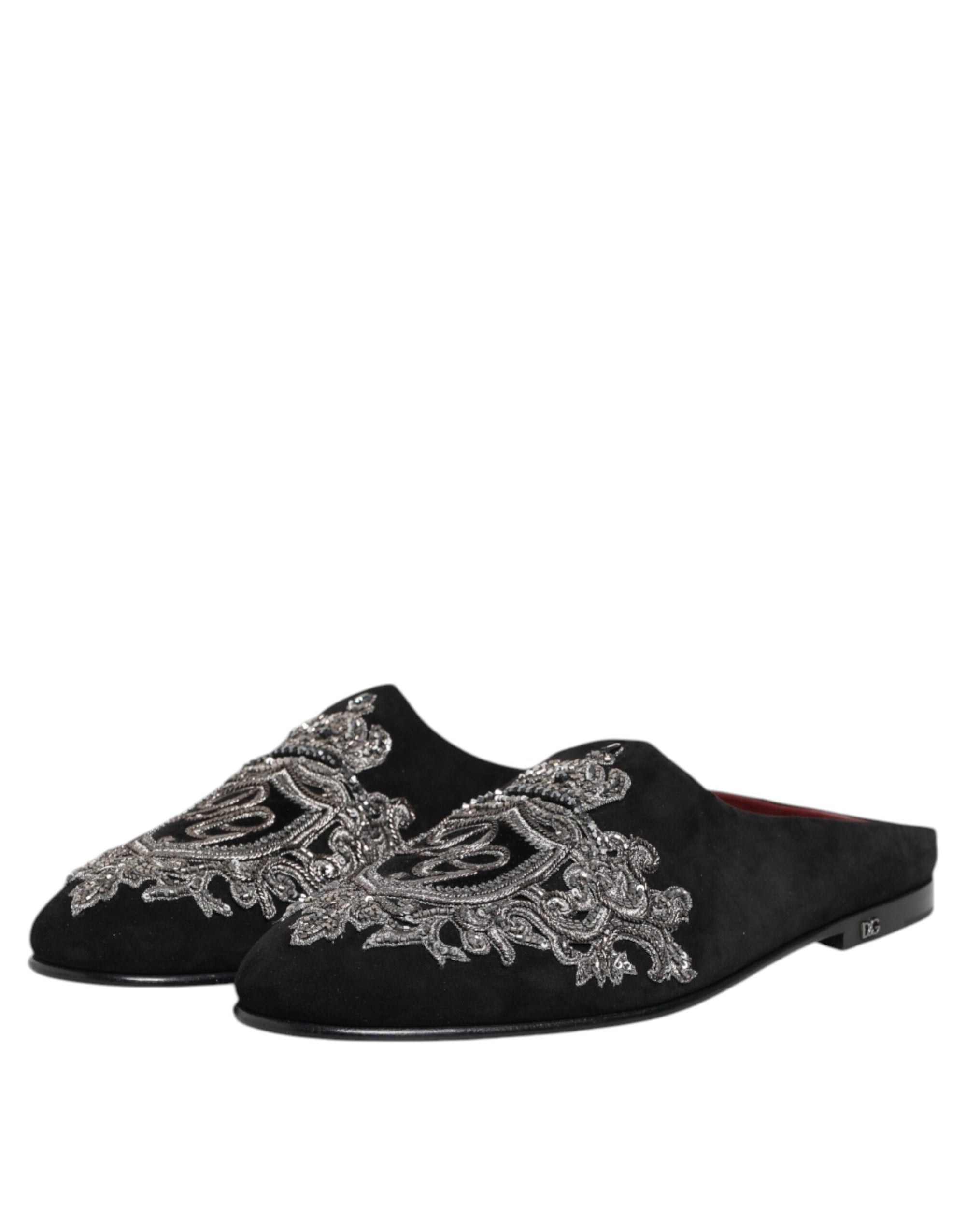 Dolce & Gabbana Black Velvet Slides DG Crown Slipper Shoes