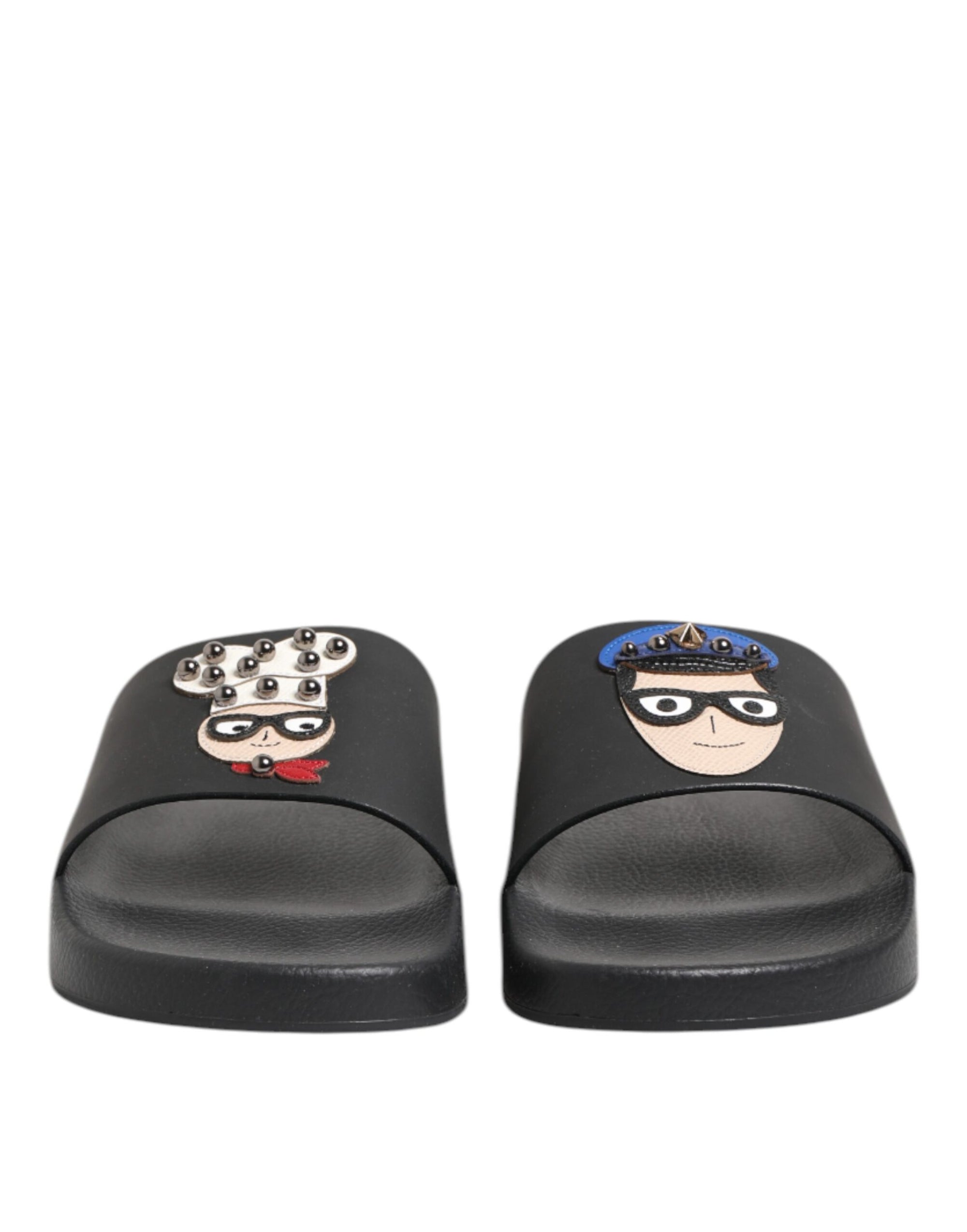Dolce & Gabbana Black Leather Slides Flats Beachwear Shoes