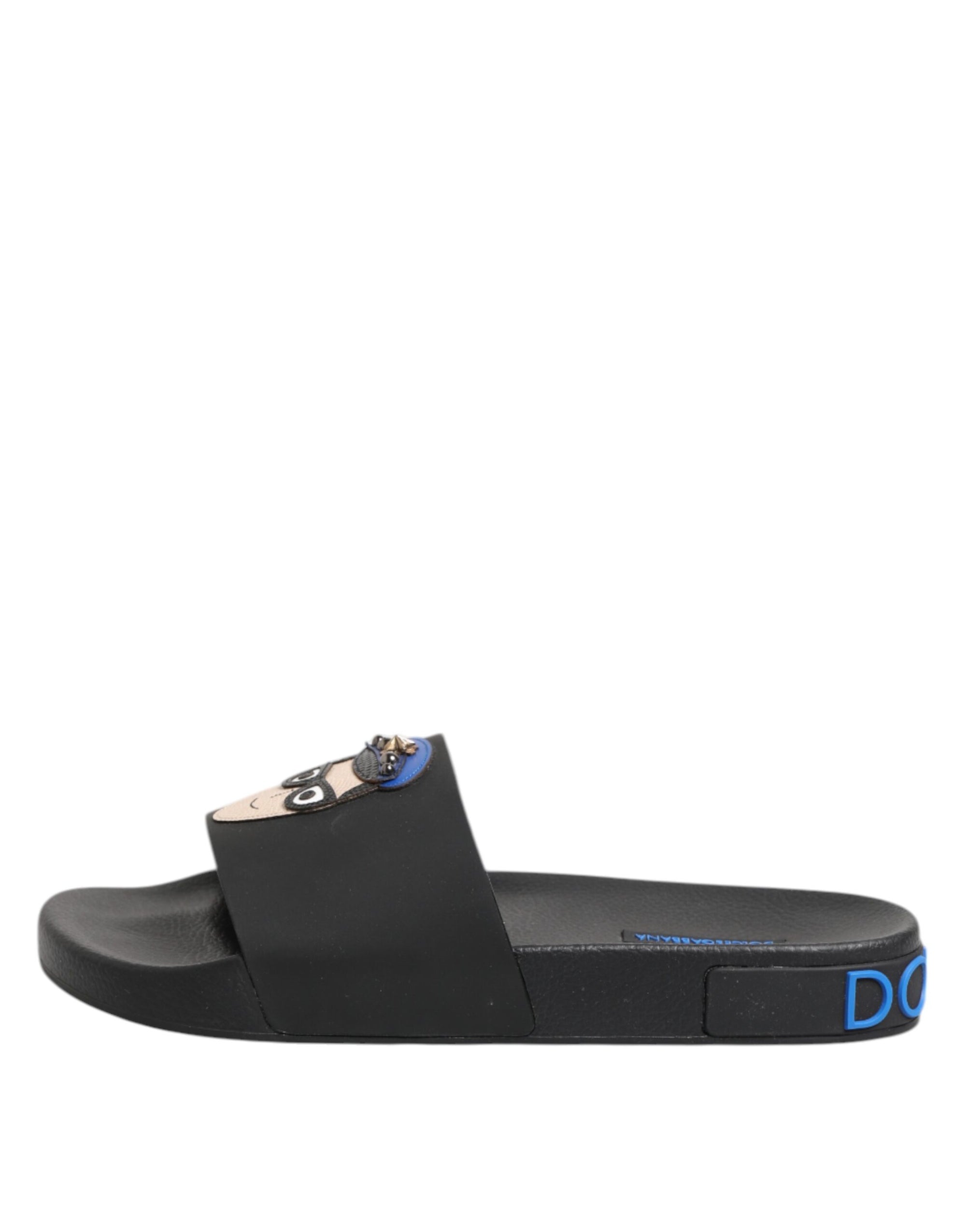 Dolce & Gabbana Black Leather Slides Flats Beachwear Shoes