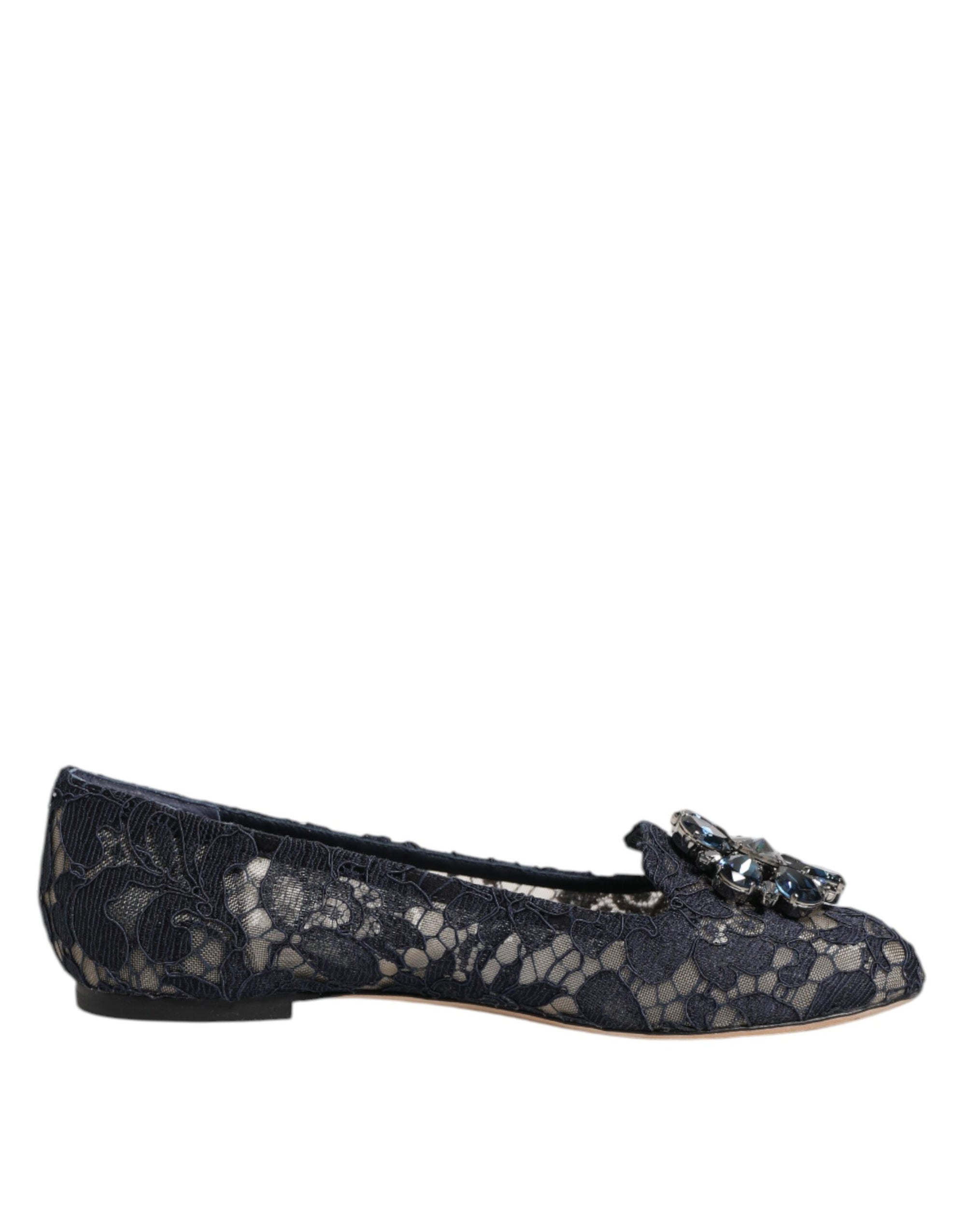 Dolce & Gabbana Blue Taormina Lace Crystals Flats Shoes