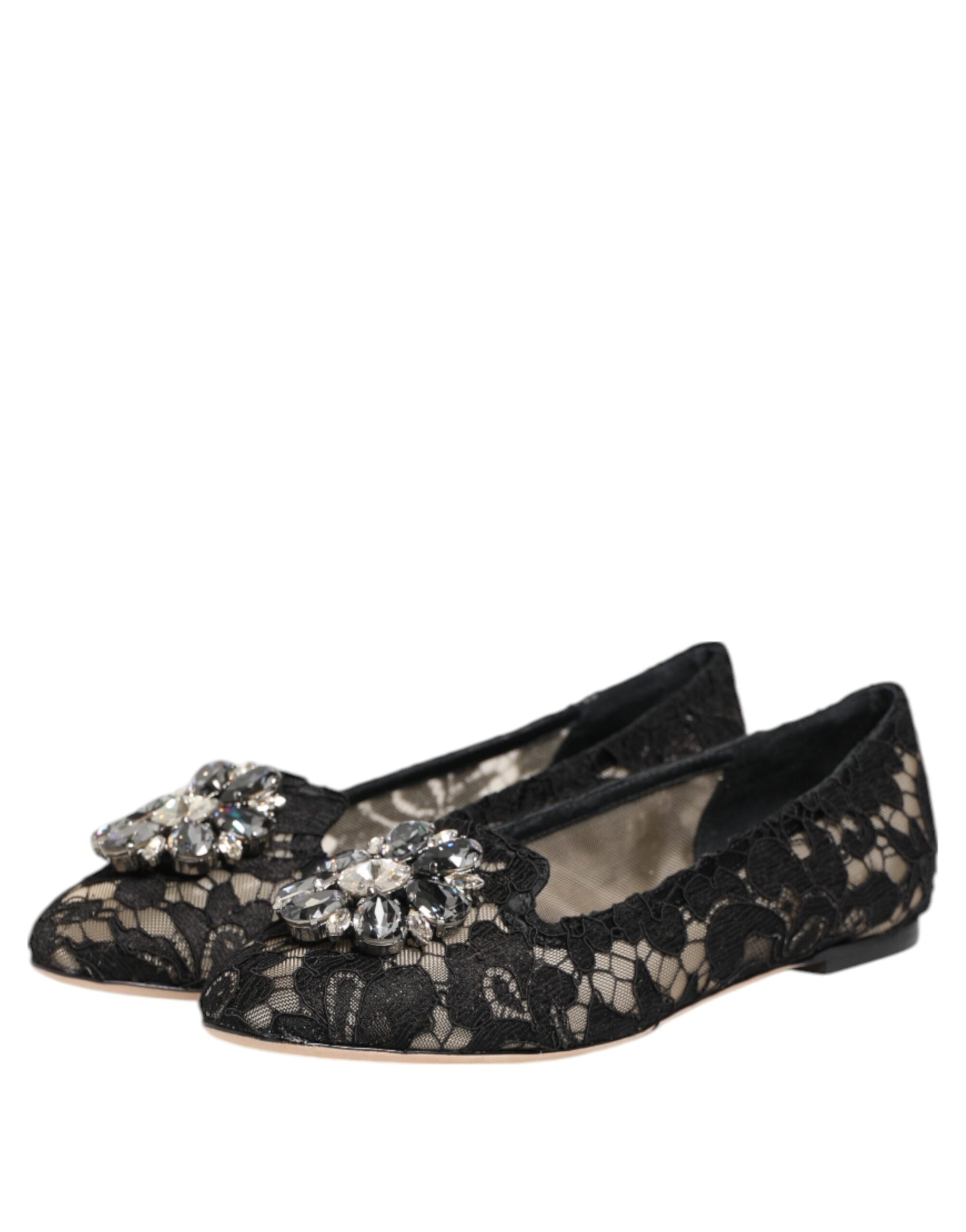 Dolce & Gabbana Black Taormina Lace Crystals Flats Shoes