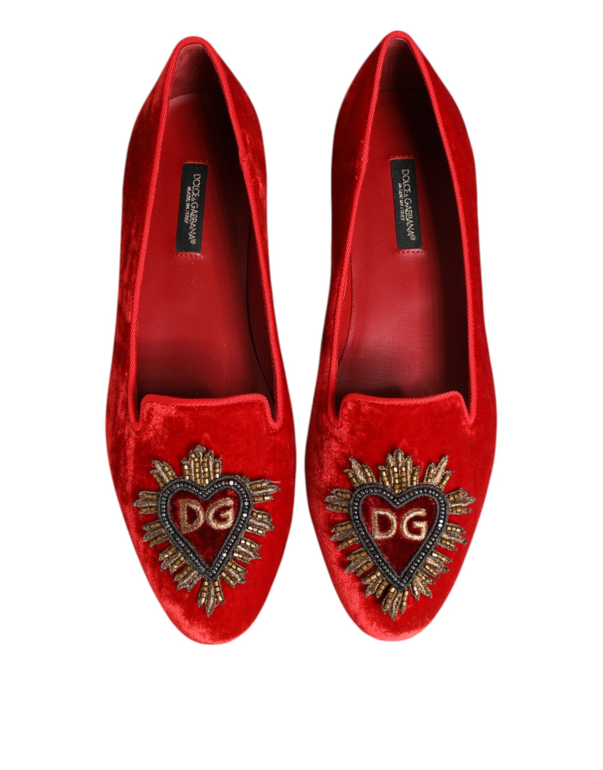 Dolce & Gabbana Red Velvet DG Heart Loafers Flats Shoes