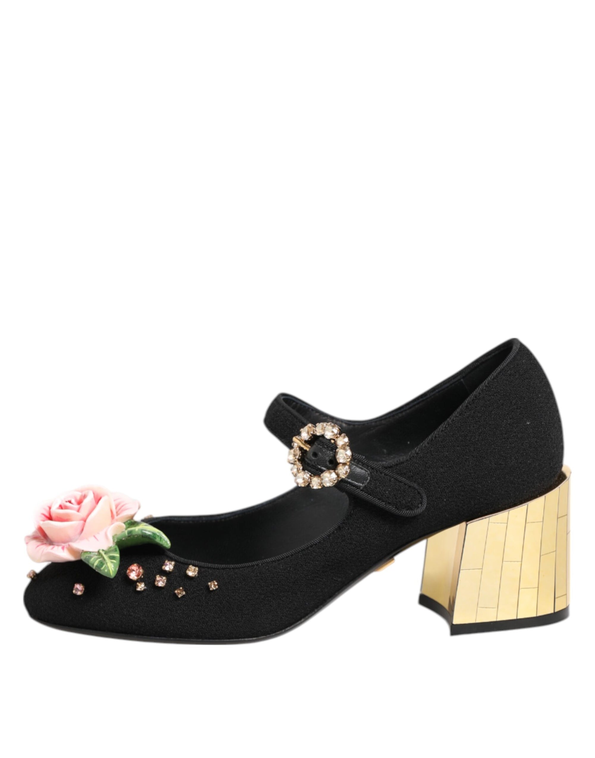 Dolce & Gabbana Black Flower Crystal Embellished Mary Jane Shoes