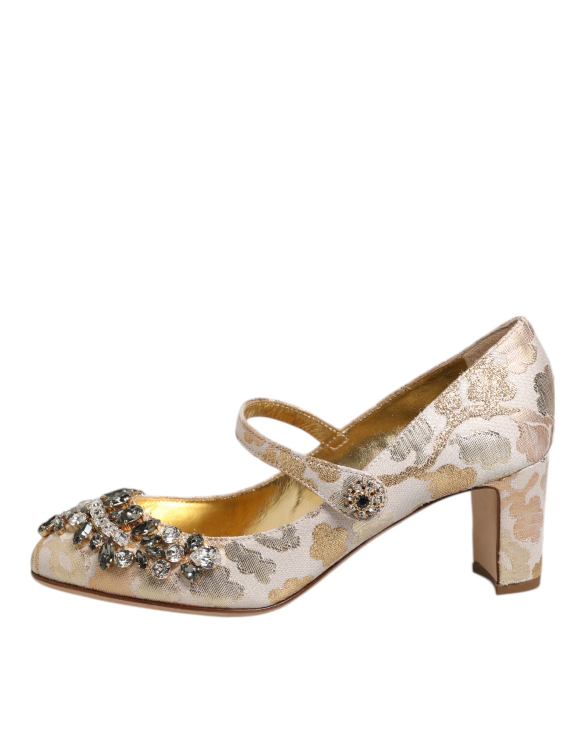 Dolce & Gabbana Gold Jacquard Crystal Mary Janes Pumps Shoes