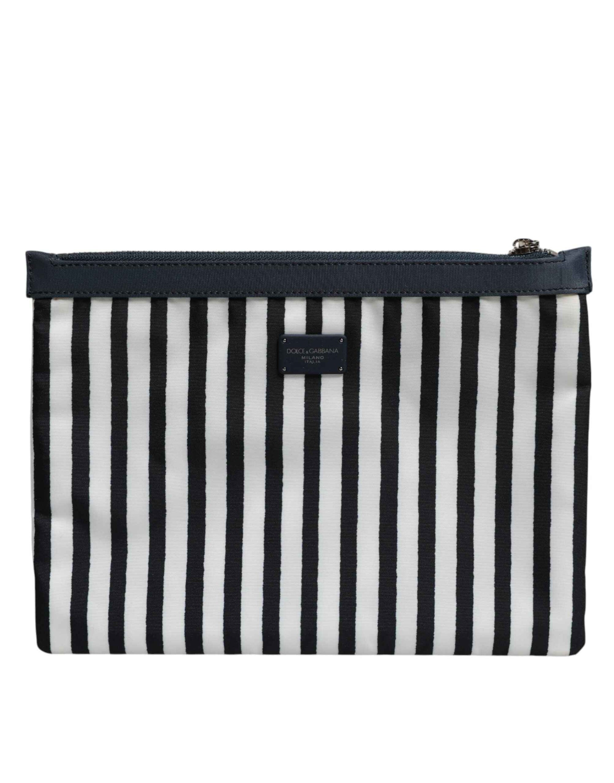 Dolce & Gabbana Black White Striped Logo Plaque Clutch Borse Pouch Bag