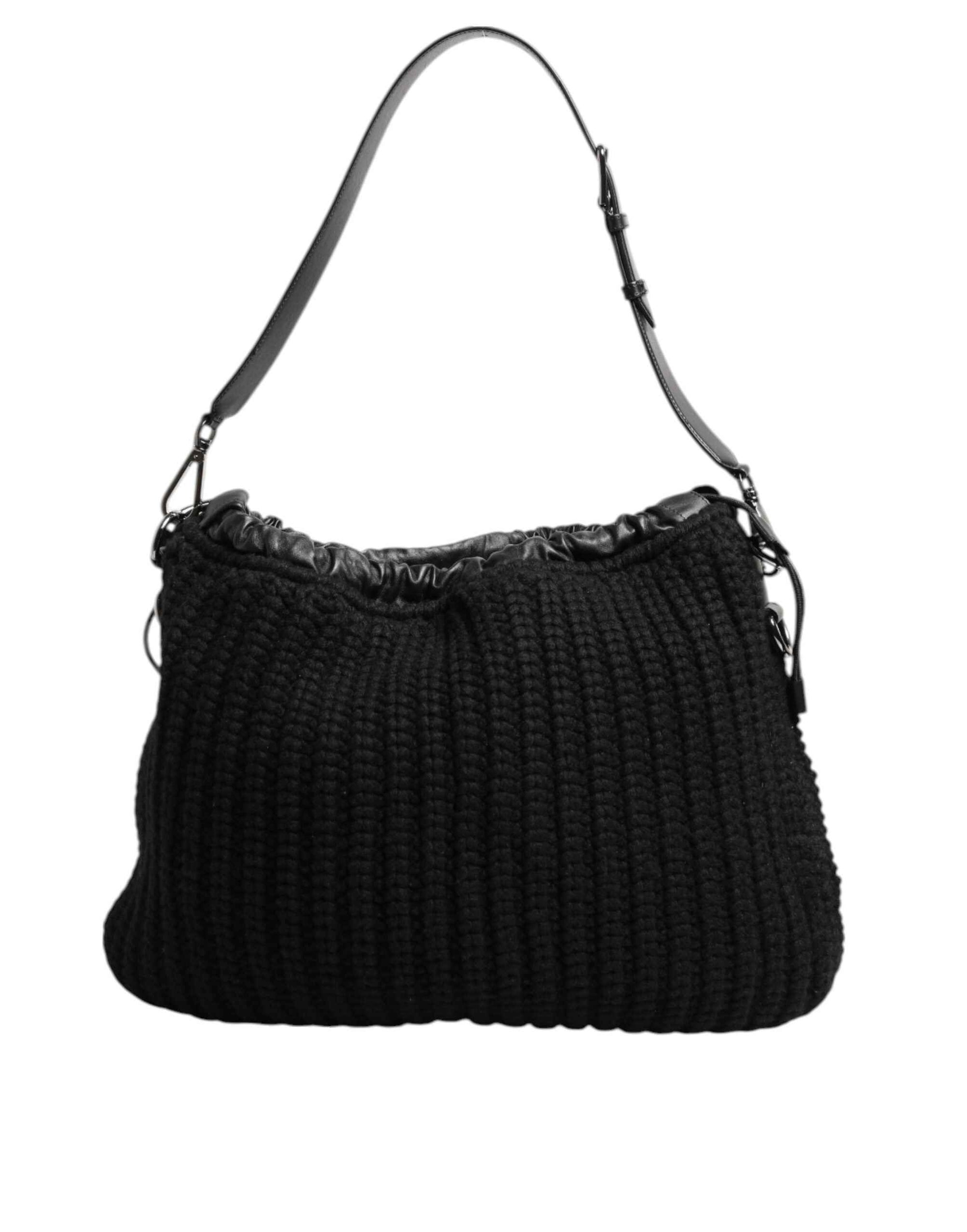Dolce & Gabbana Black Cashmere Knitted Leather Shoulder Women Borse Bag