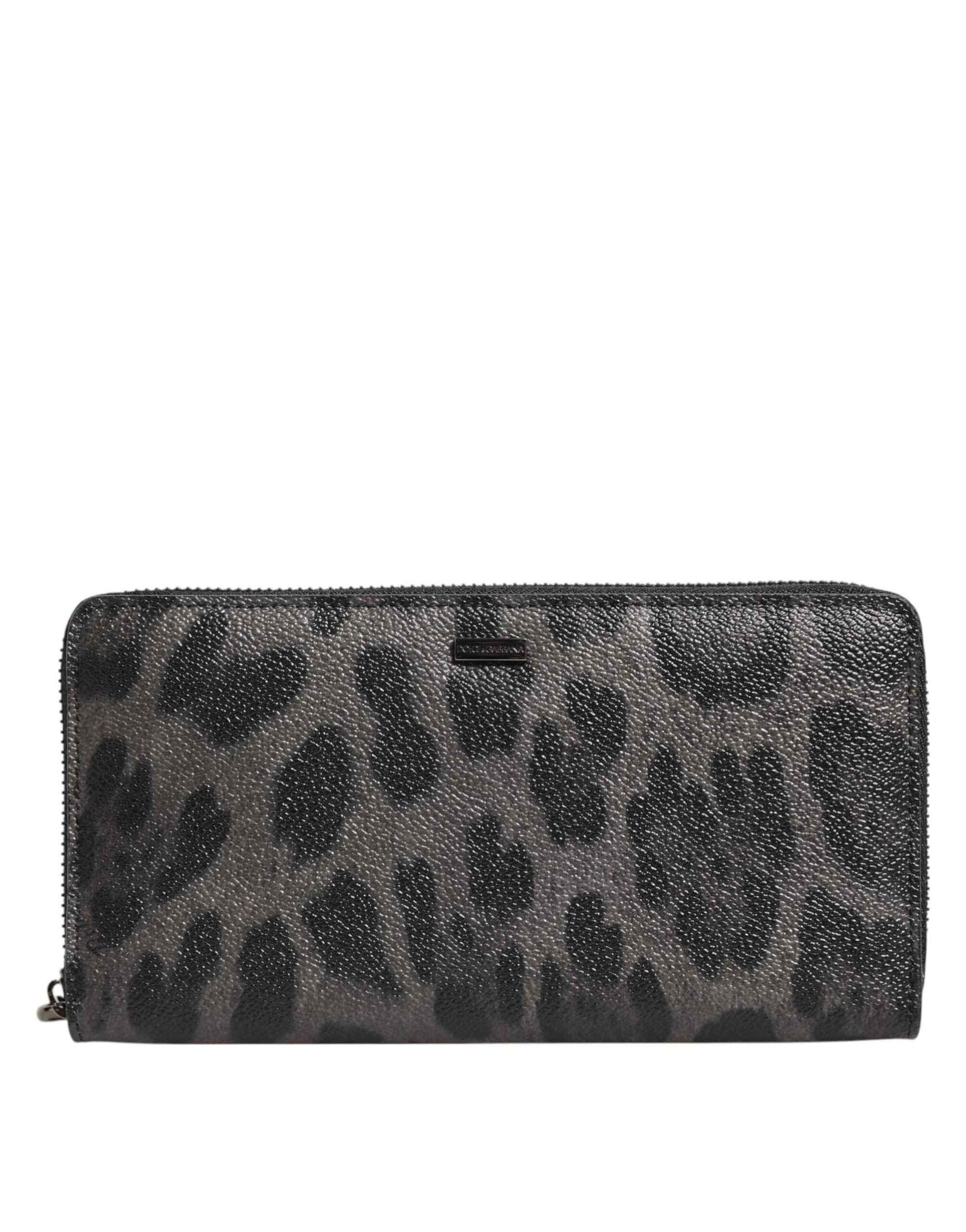 Dolce & Gabbana Black Gray Leopard Leather Zip Around Continental Wallet
