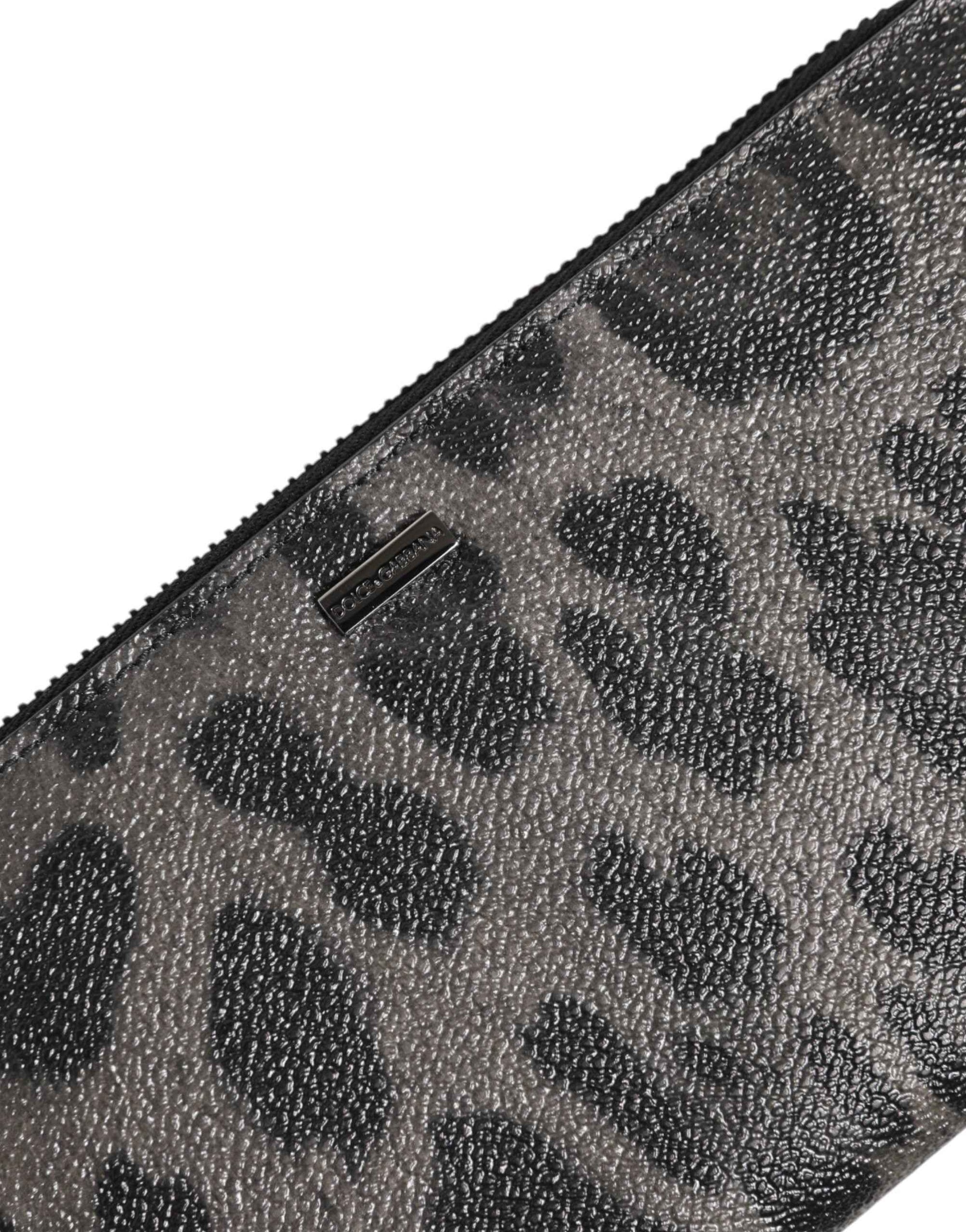 Dolce & Gabbana Black Gray Leopard Leather Zip Around Continental Wallet