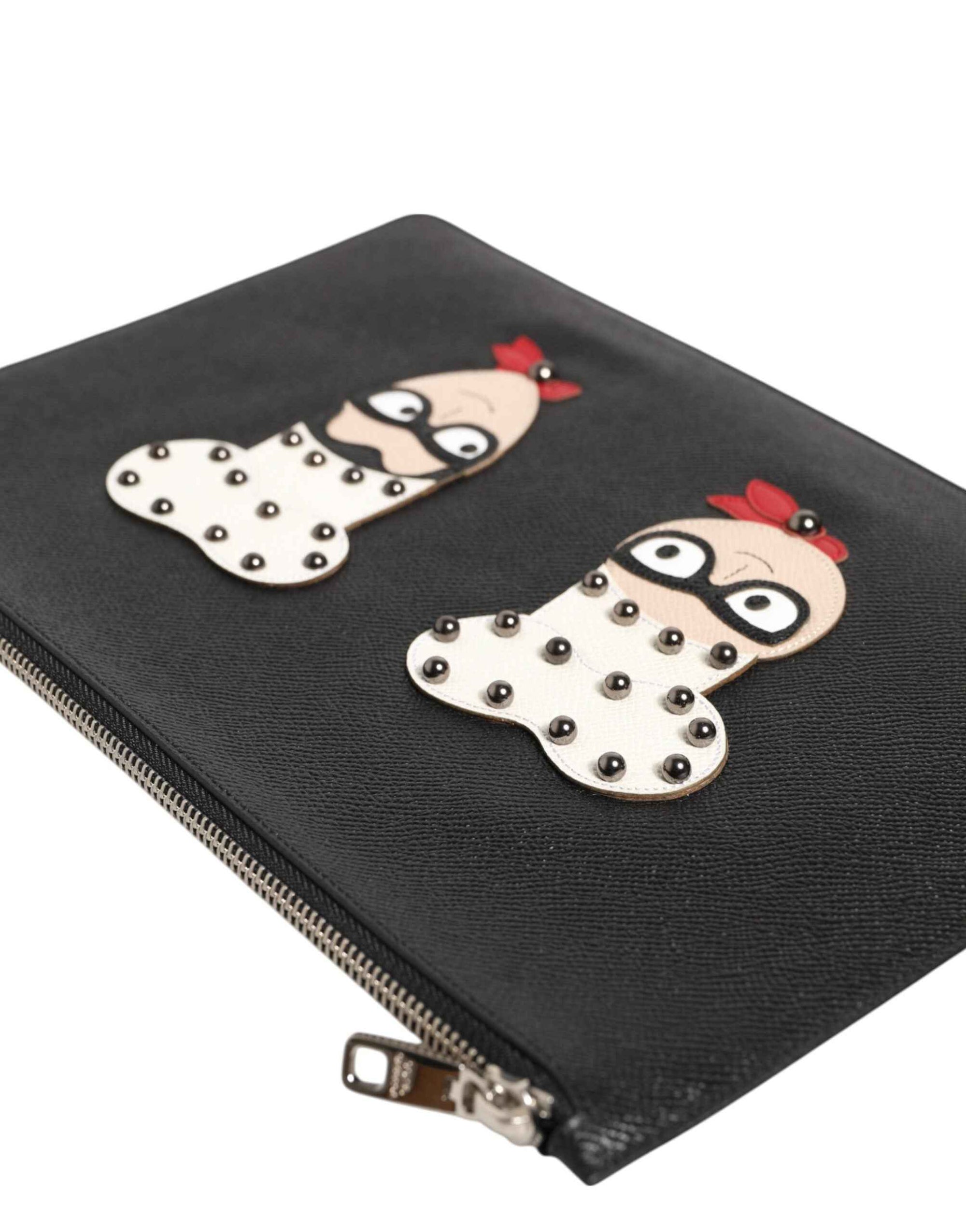 Dolce & Gabbana Black Leather #DGFAMILY Embellished Men Clutch Pouch Bag