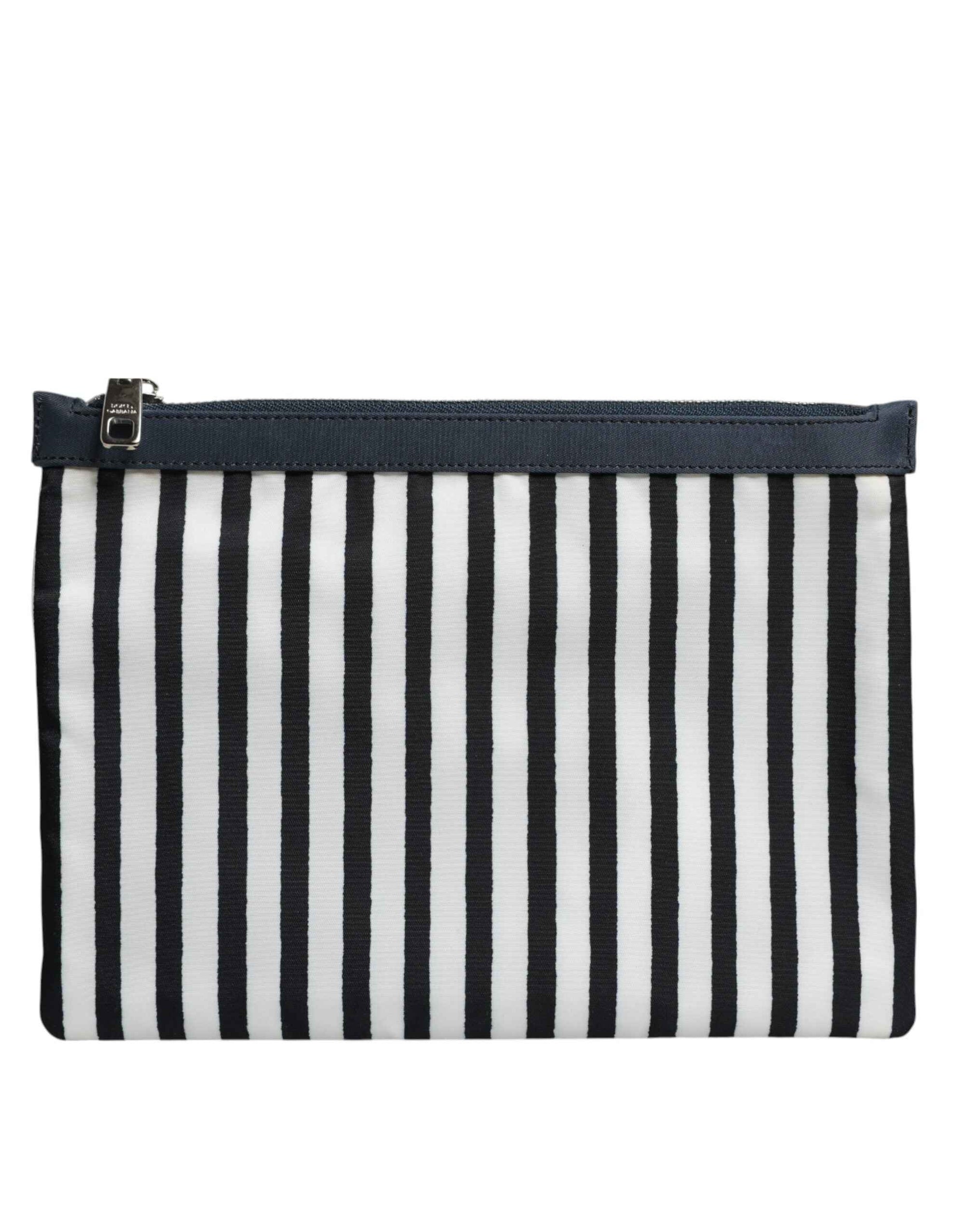 Dolce & Gabbana Black White Striped Logo Plaque Clutch Pouch Bag