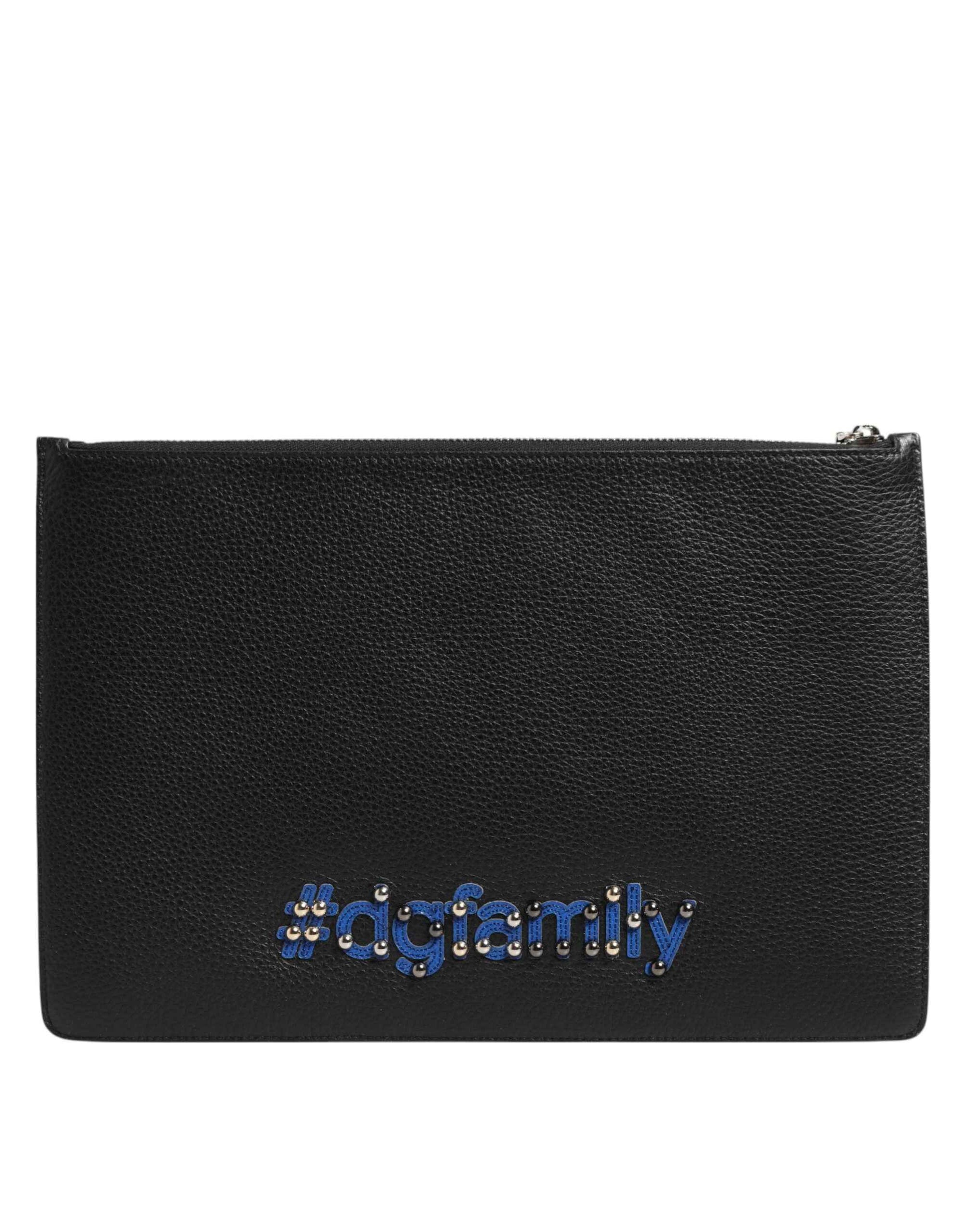 Dolce & Gabbana Black Leather #DGFAMILY Embellished Men Clutch Pouch Bag