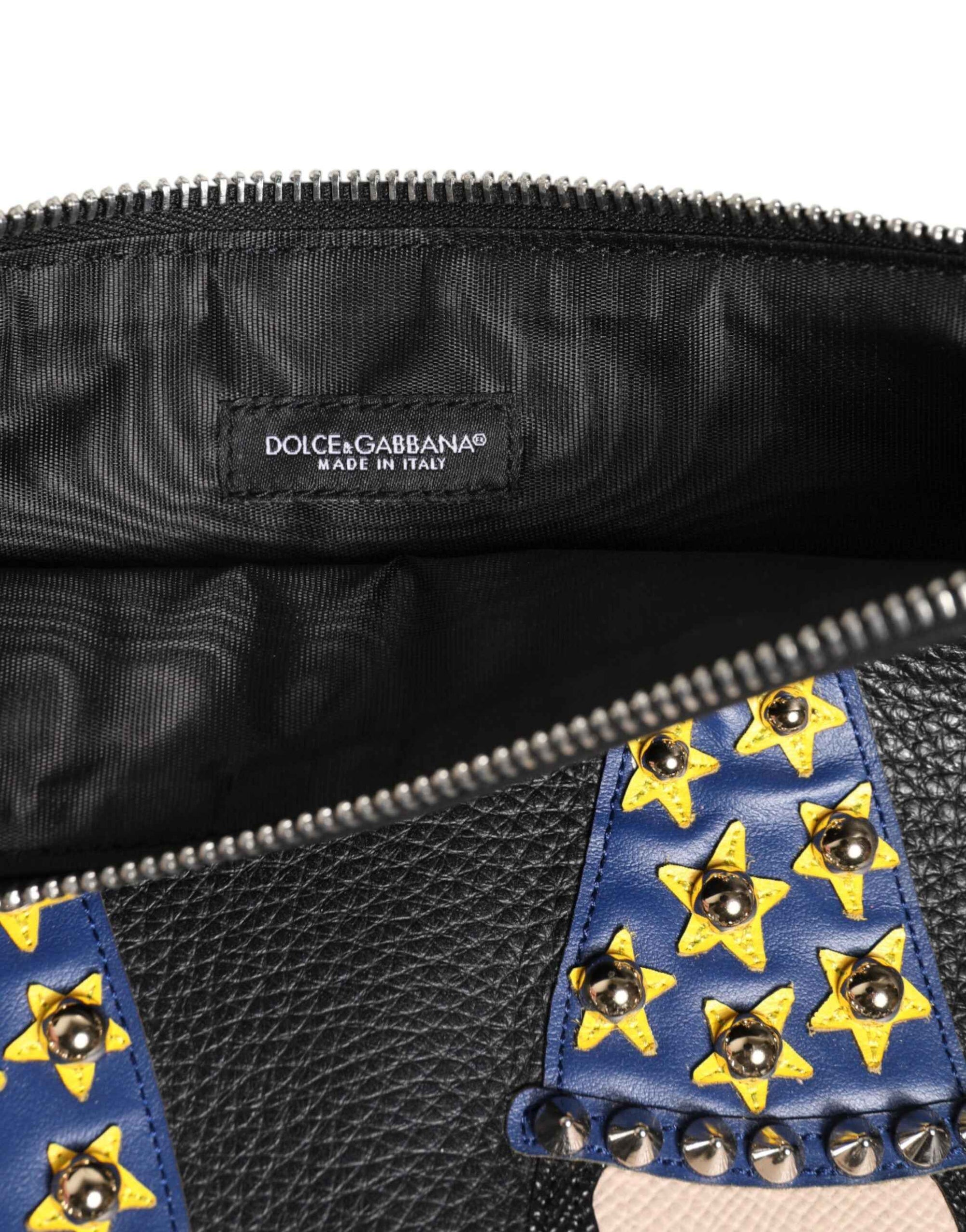 Dolce & Gabbana Black Leather #DGFAMILY Embellished Men Clutch Pouch Bag