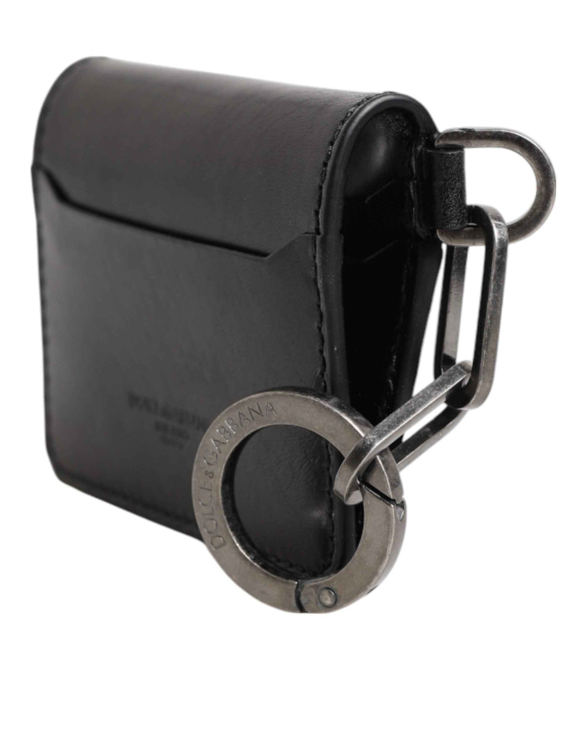 Dolce & Gabbana Wallet Black Leather Logo Embossed Key Chain Card Holder Wallet